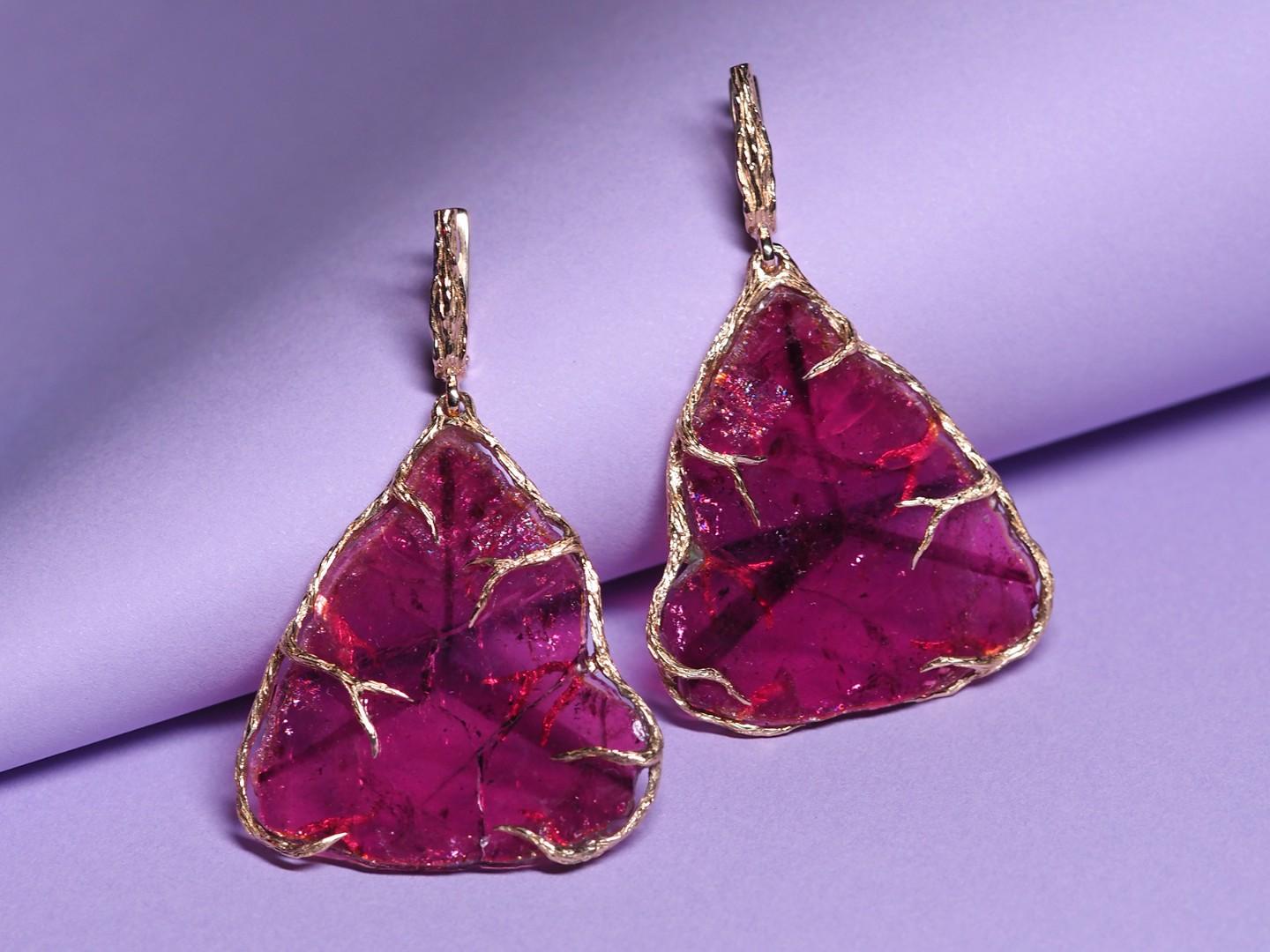 Uncut Large Tourmaline Gold Earrings Fuchsia Pink Gemstone Crystal Art Deco Jewelry