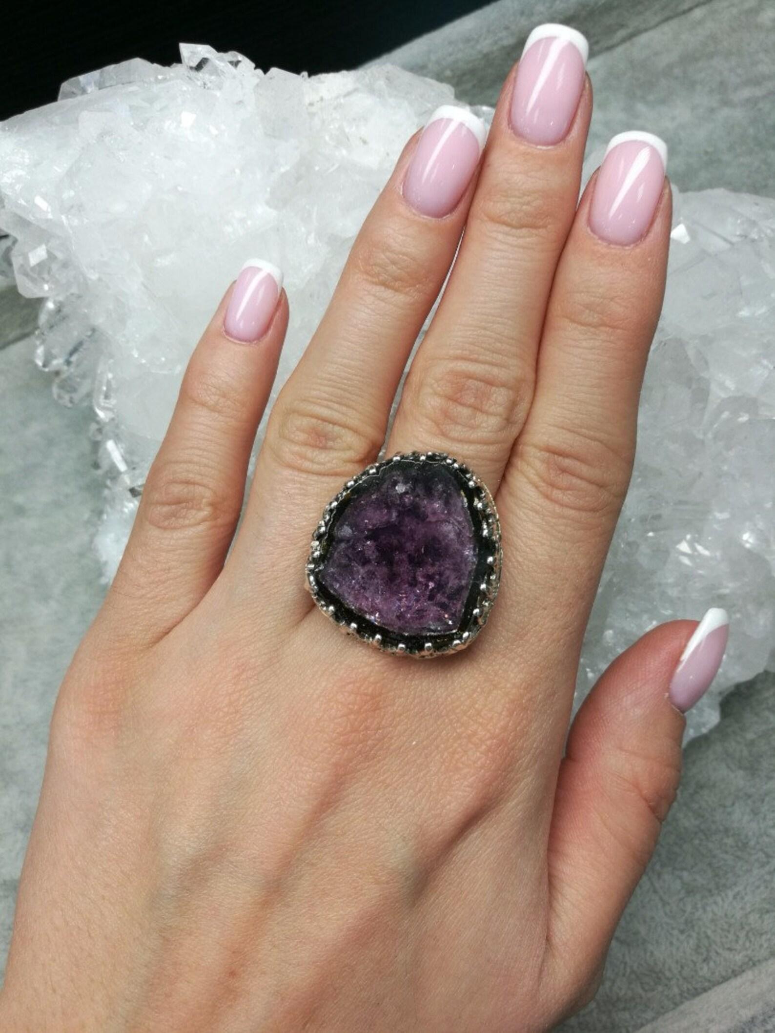 Gothic Revival Large Tourmaline Silver Ring Plum Purple Color Natural Gemstone Gothic Vintage For Sale