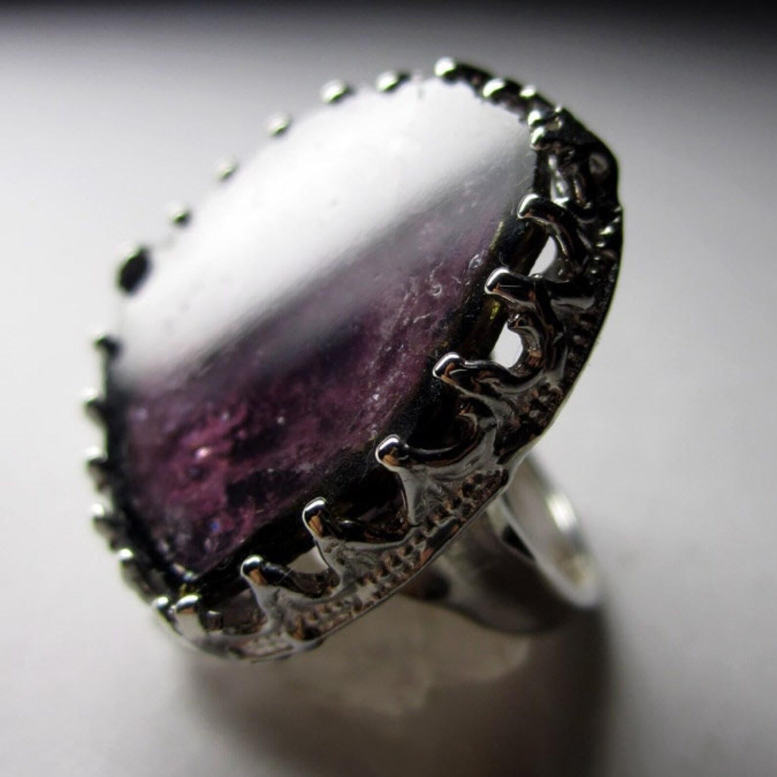 Trillion Cut Large Tourmaline Silver Ring Plum Purple Color Natural Gemstone Gothic Vintage