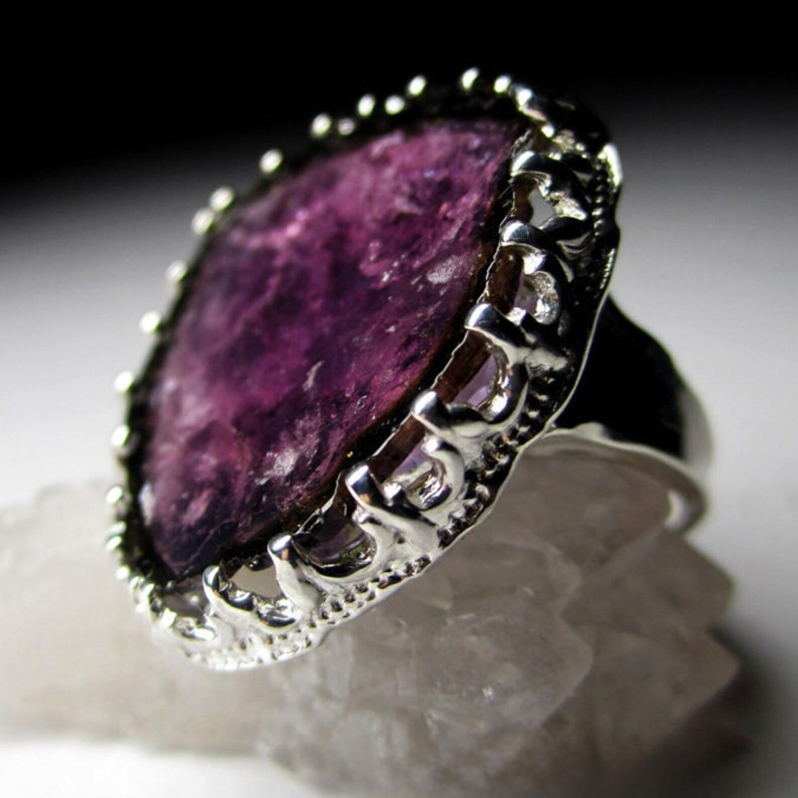 Women's or Men's Large Tourmaline Silver Ring Plum Purple Color Natural Gemstone Gothic Vintage For Sale