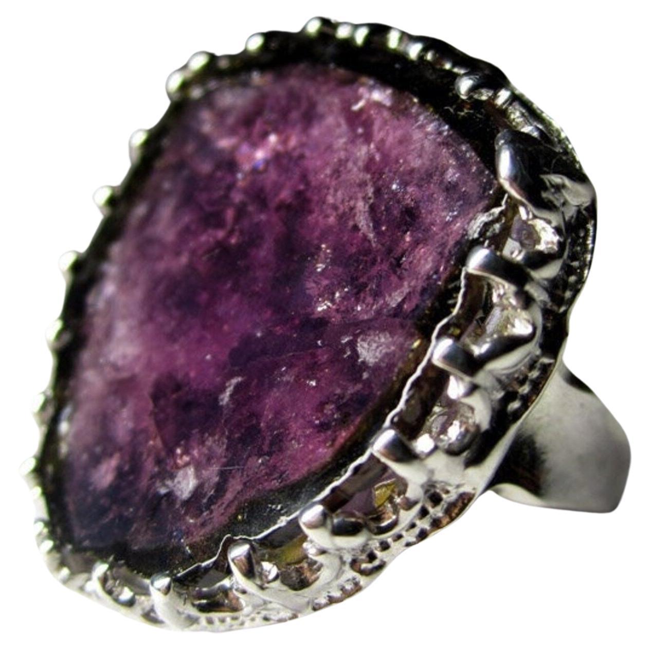 Large Tourmaline Silver Ring Plum Purple Color Natural Gemstone Gothic Vintage For Sale