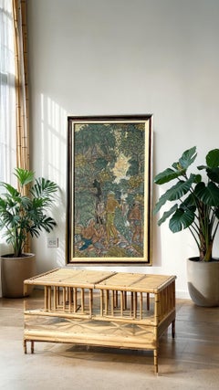 Large Traditional Balinese Framed Silk Signed Ubud Painting.