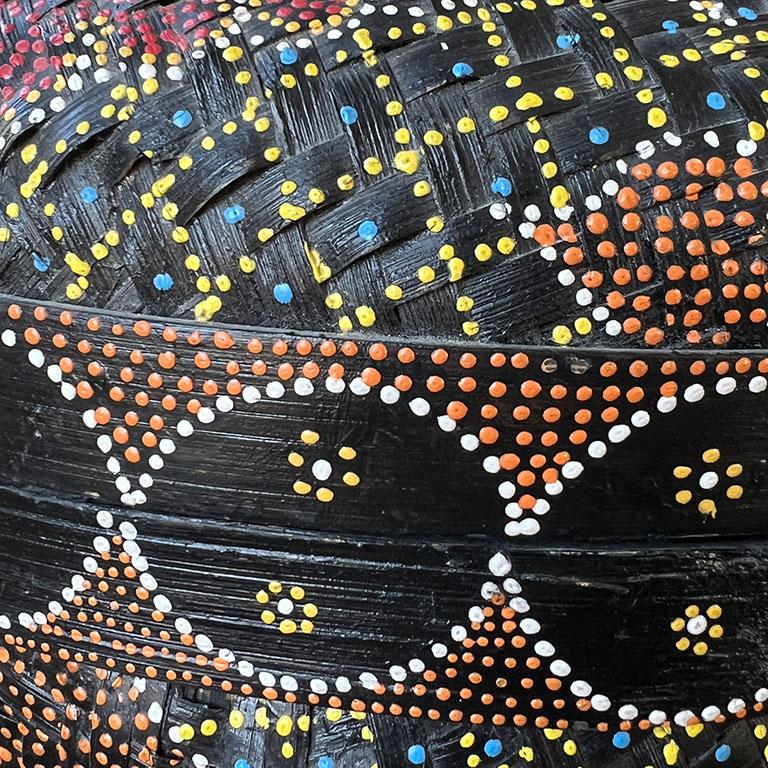 Tribal Large Traditional Black Folk Art Basket with Lid and Hand Painted Dot Design  For Sale