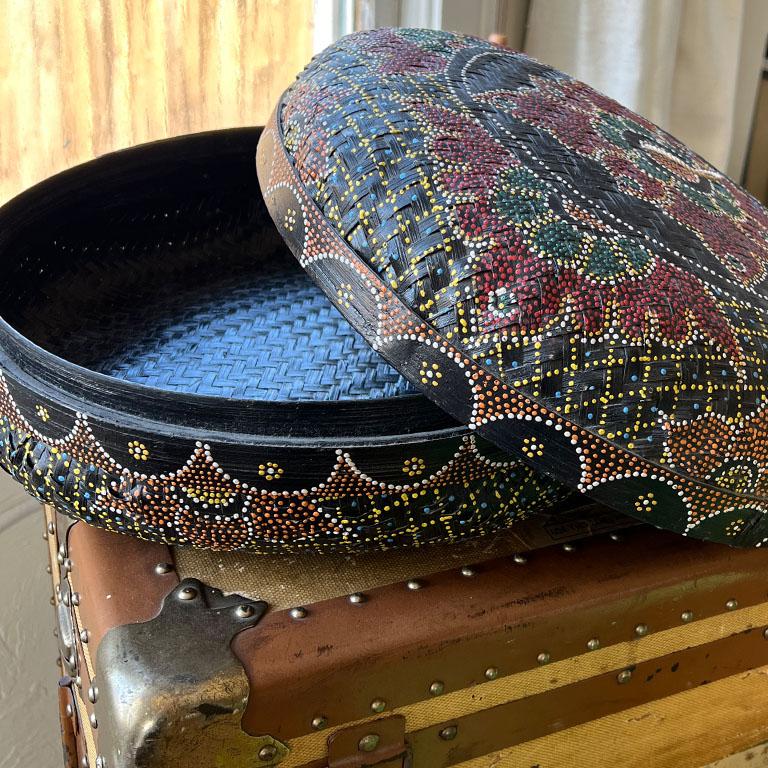 20th Century Large Traditional Black Folk Art Basket with Lid and Hand Painted Dot Design  For Sale