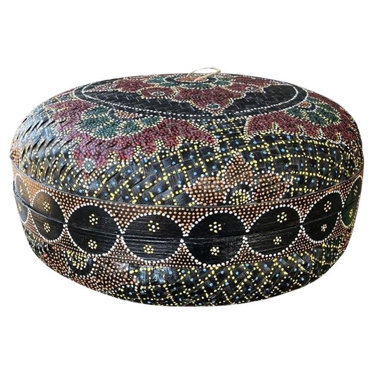 Large Traditional Black Folk Art Basket with Lid and Hand Painted Dot Design  For Sale