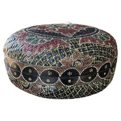 Large Traditional Black Folk Art Basket with Lid and Hand Painted Dot Design 