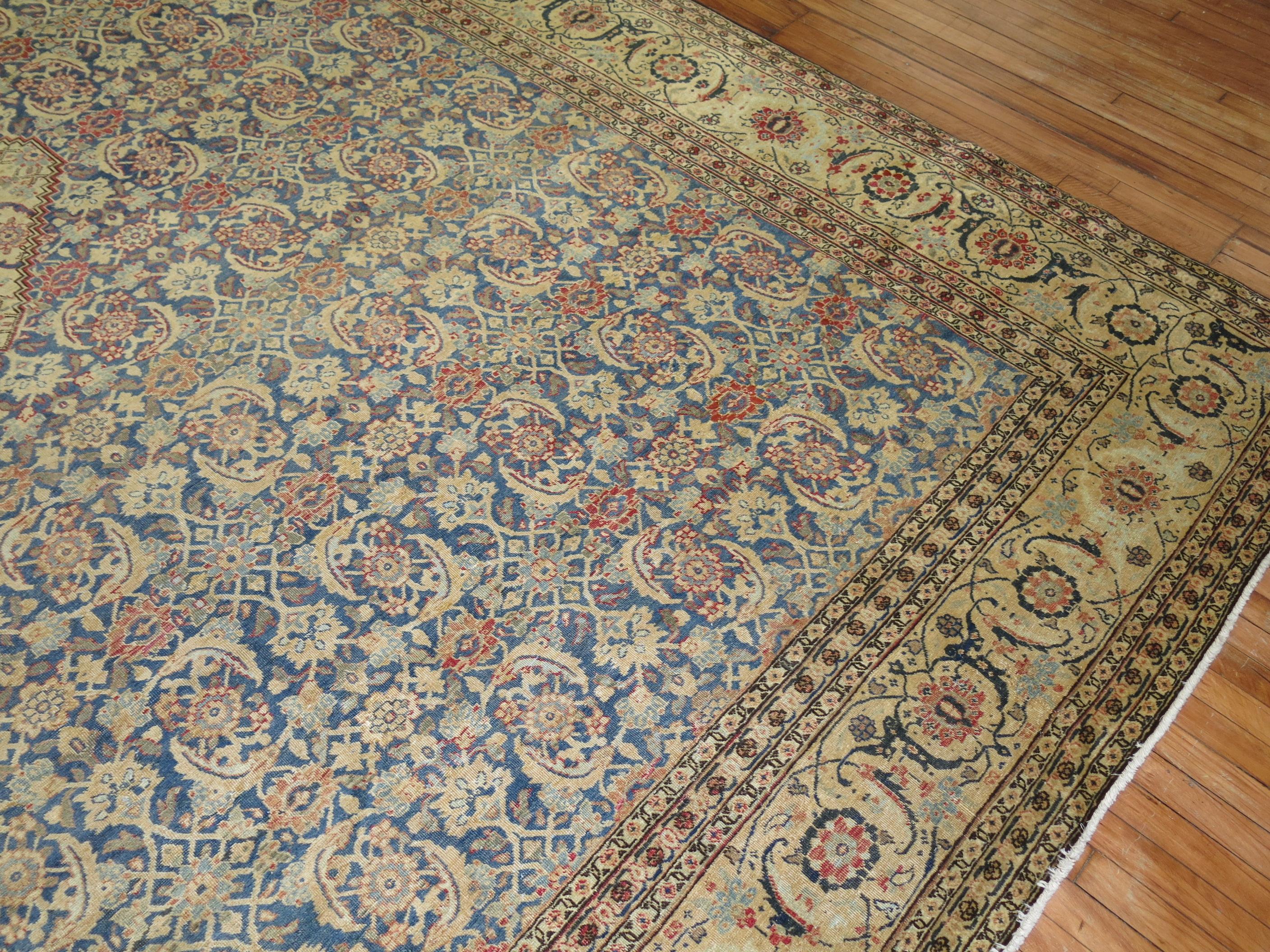 Romantic Large Traditional Blue Field Antique Persian Tabriz For Sale