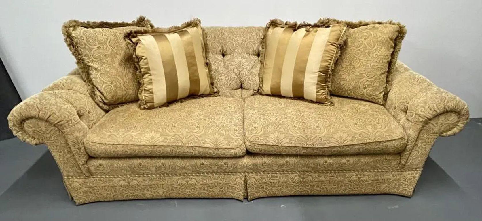 Large Traditional Custom Sofa, Beige Scalamandre Upholstery, Rolled Arms, 2000s

A large and comfortable TV sofa removed from a fine Long Island, NY estate, fitted with a later Scalamandre beige patterned upholstery. Featuring a tufted backrest and