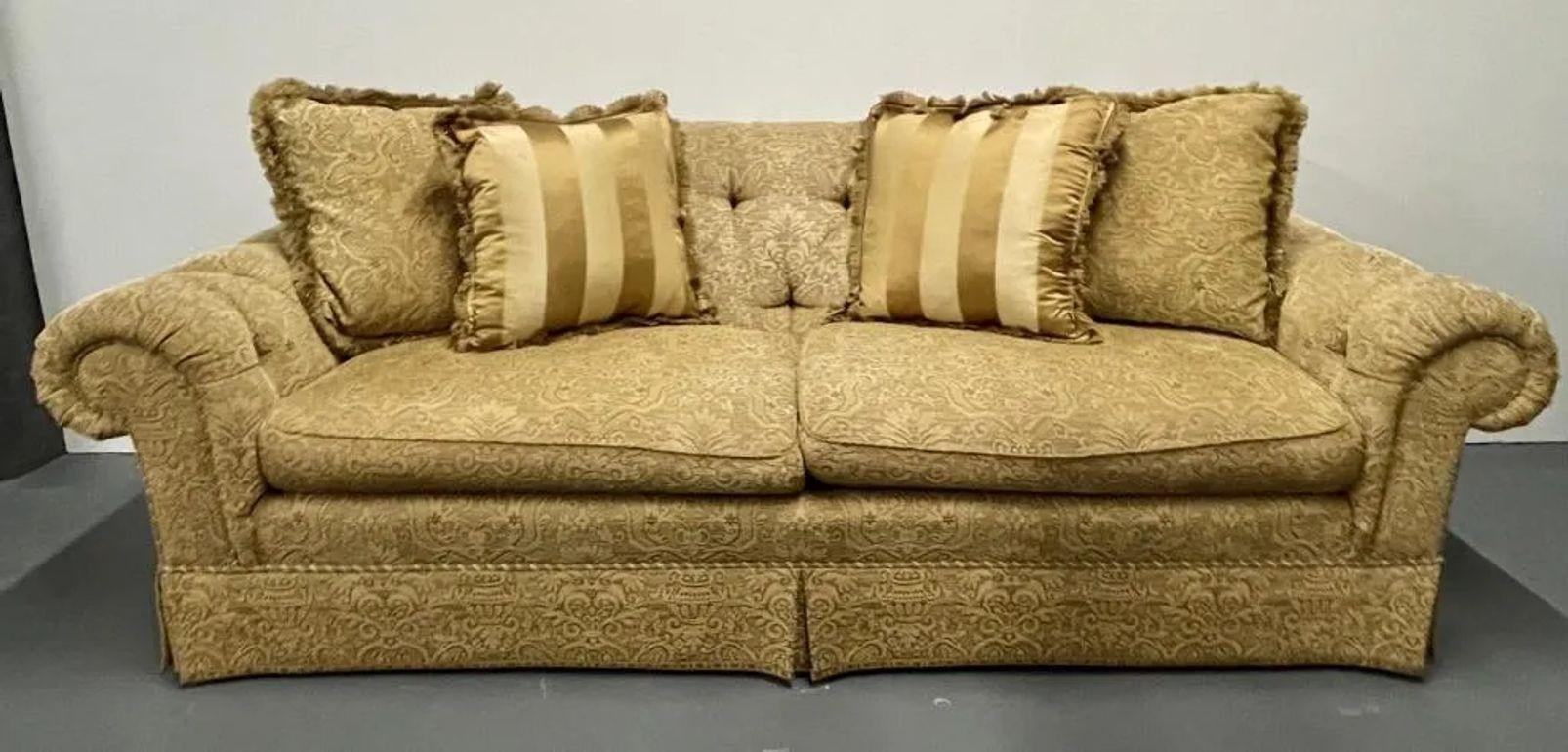 Large Traditional Custom Sofa, Beige Scalamandre Upholstery, Rolled Arms, 2000s In Good Condition For Sale In Stamford, CT