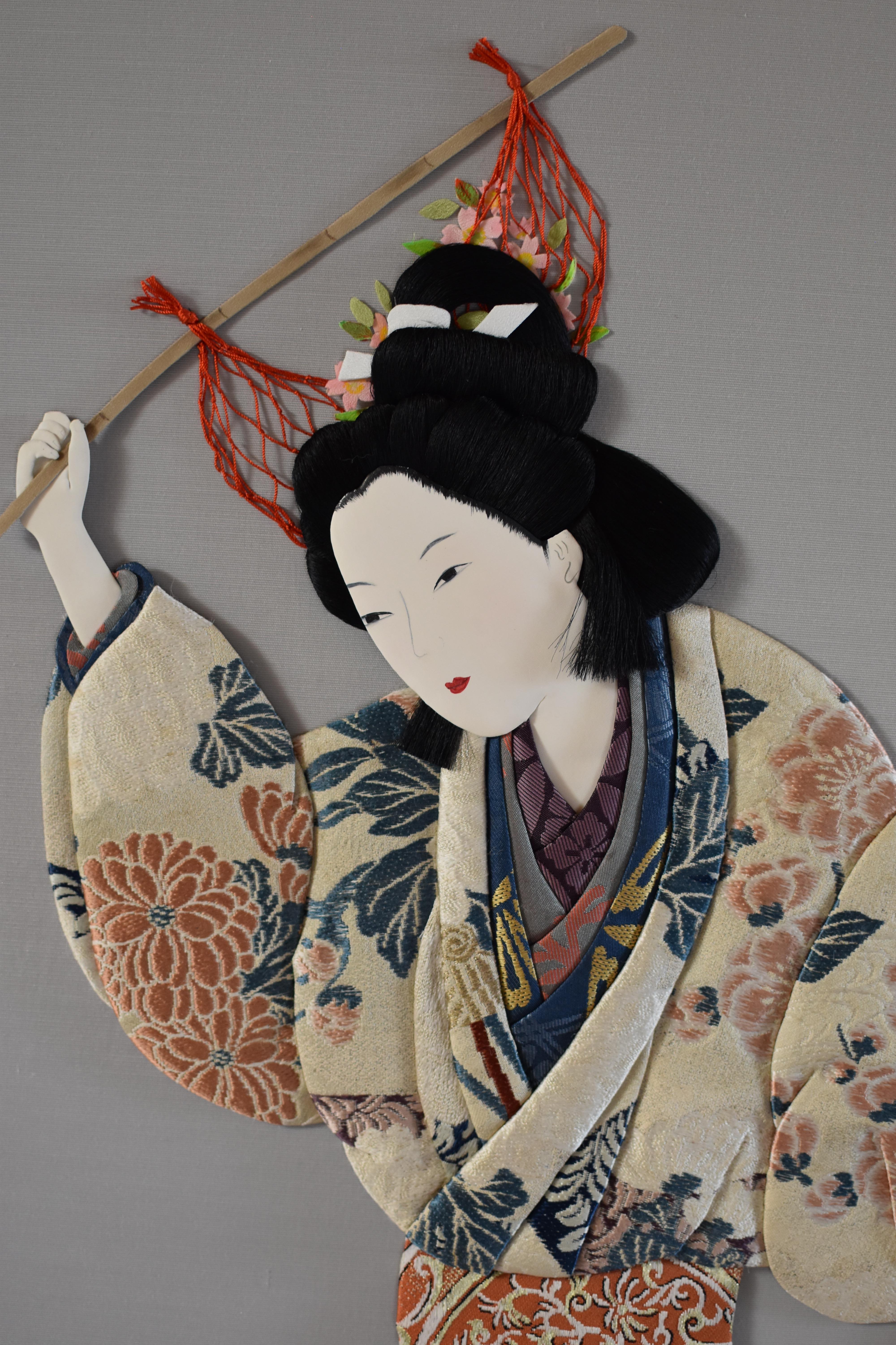Meiji Japanese Contemporary Brocade Silk Handcrafted Framed Oshie Decorative Art For Sale