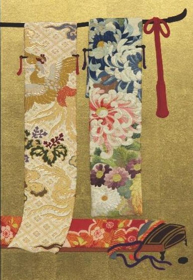 Extraordinary Japanese contemporary gilded framed oshie decorative art in red, blue and green on a stunning gilded brocade obi fabric. A sophisticated technique called oshie is used to transform highest quality kimono fabrics into exquisite antique