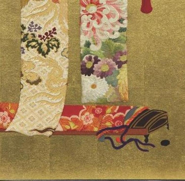 Large Traditional Japanese Framed Red Blue Handcrafted Brocade