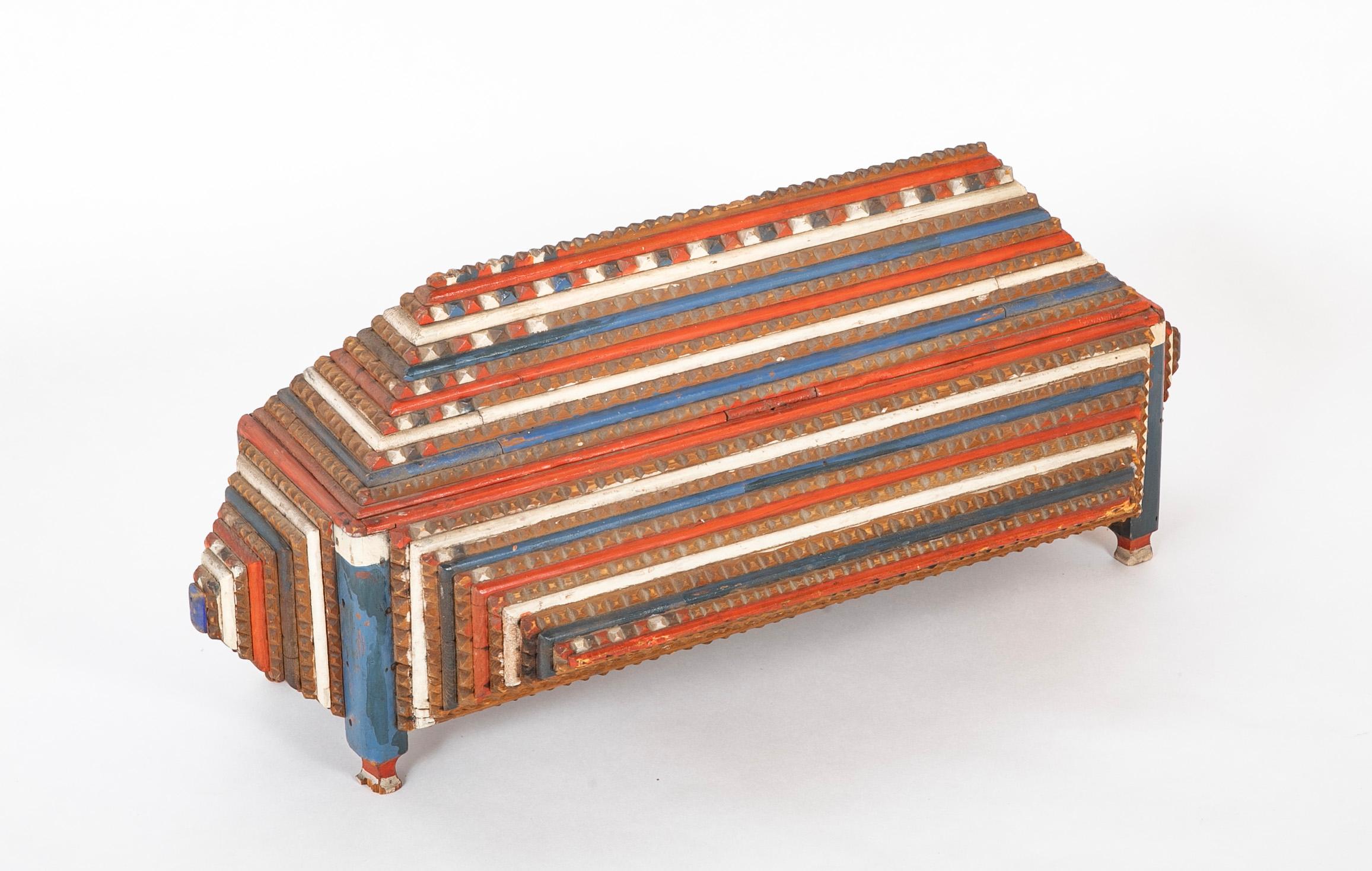 Large Tramp Art box in red, white and blue painted stepped form. 

