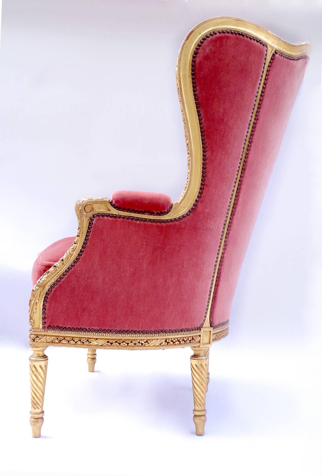 French Large Transition Style Giltwood Wing Chair, circa 1900