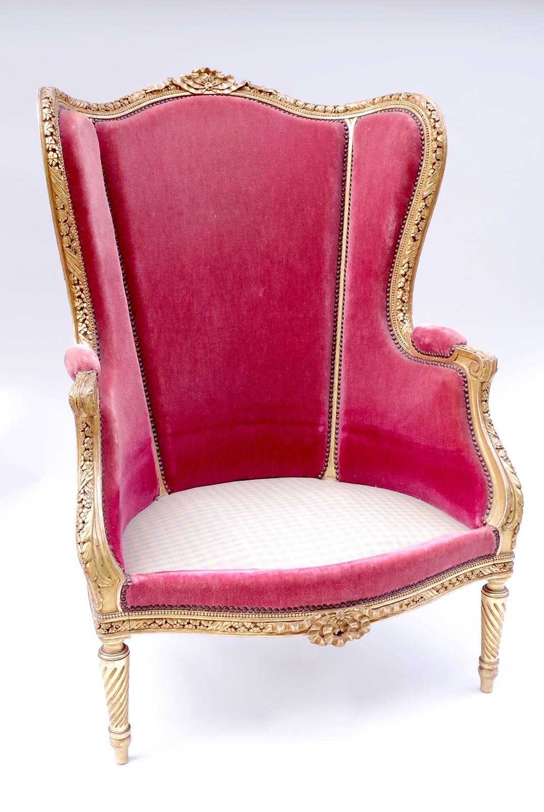 Large Transition Style Giltwood Wing Chair, circa 1900 3