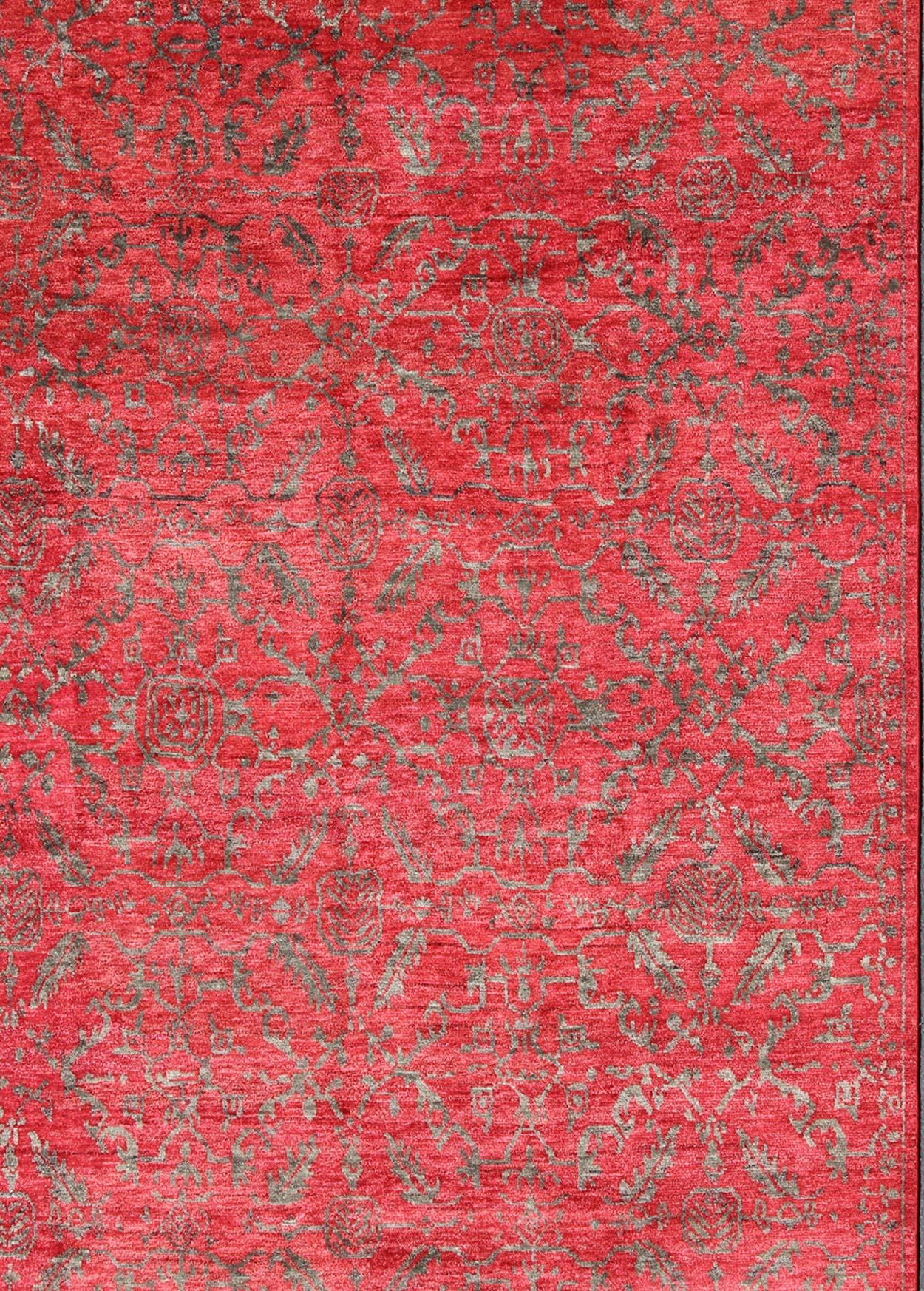 Modern Large Transitional All-Over Design Red Background Rug with Gray Highlights