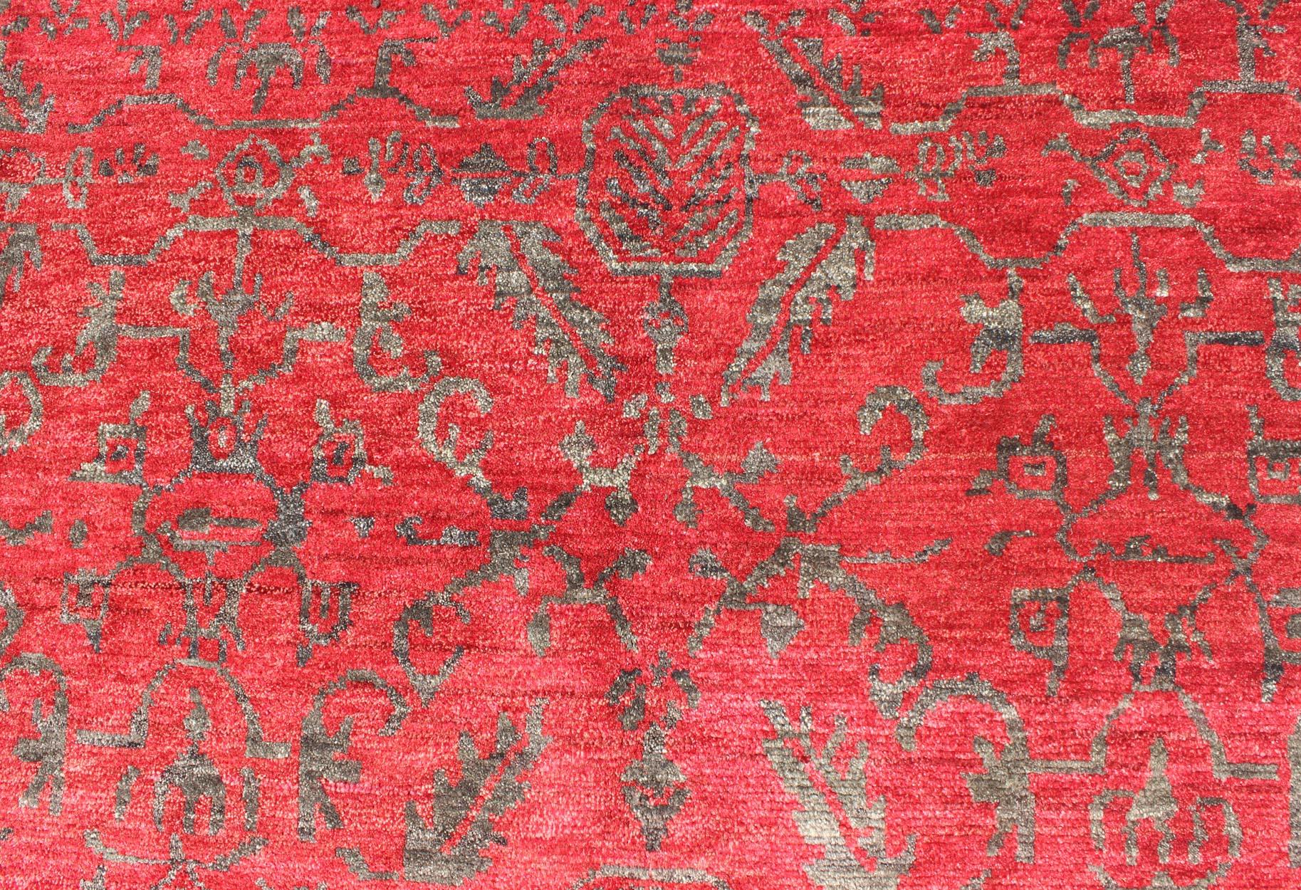 Wool Large Transitional All-Over Design Red Background Rug with Gray Highlights