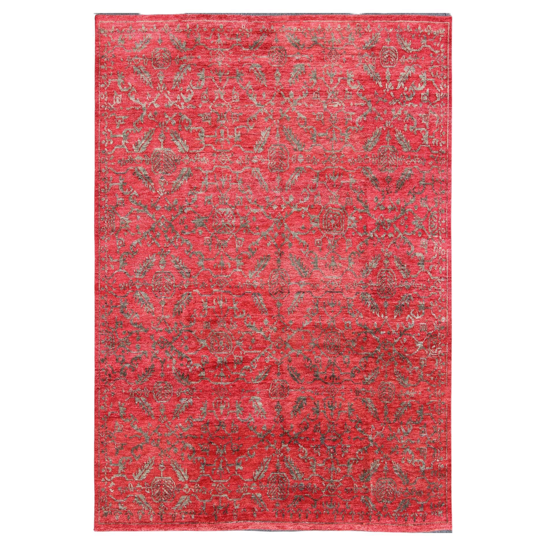 Large Transitional All-Over Design Red Background Rug with Gray Highlights