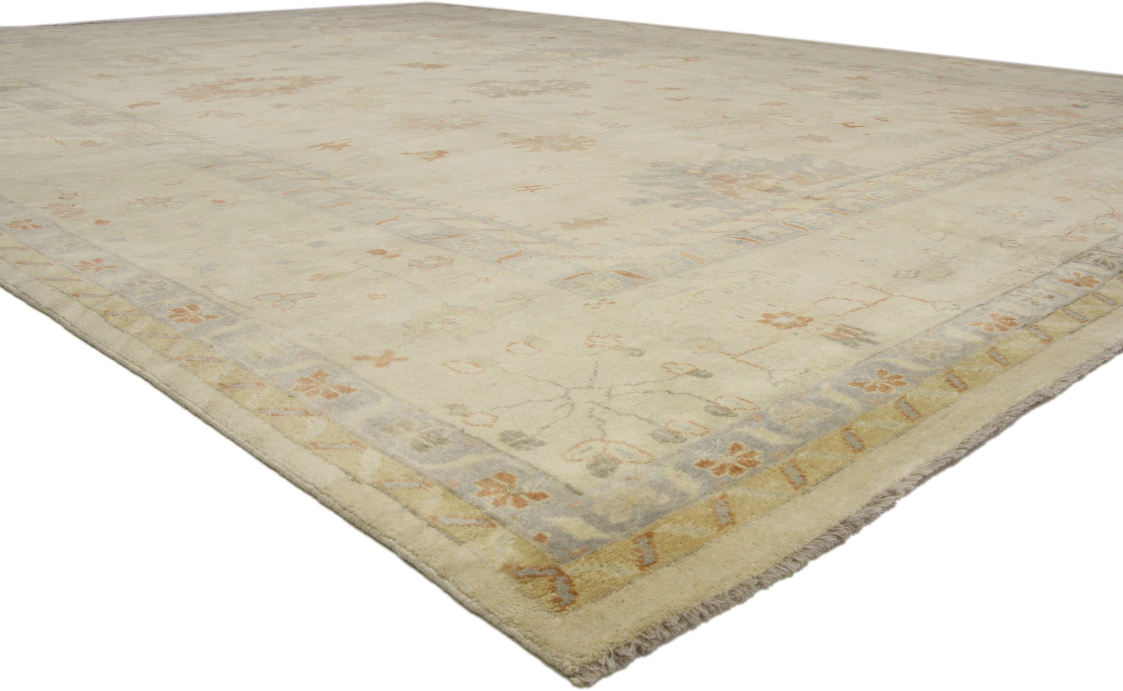 30059 Large Transitional Area Rug with Oushak Design in Light Colors. This hand-knotted wool large transitional area rug features an Oushak design in light colors. It is sophisticated and subtle while blending traditional with modern without