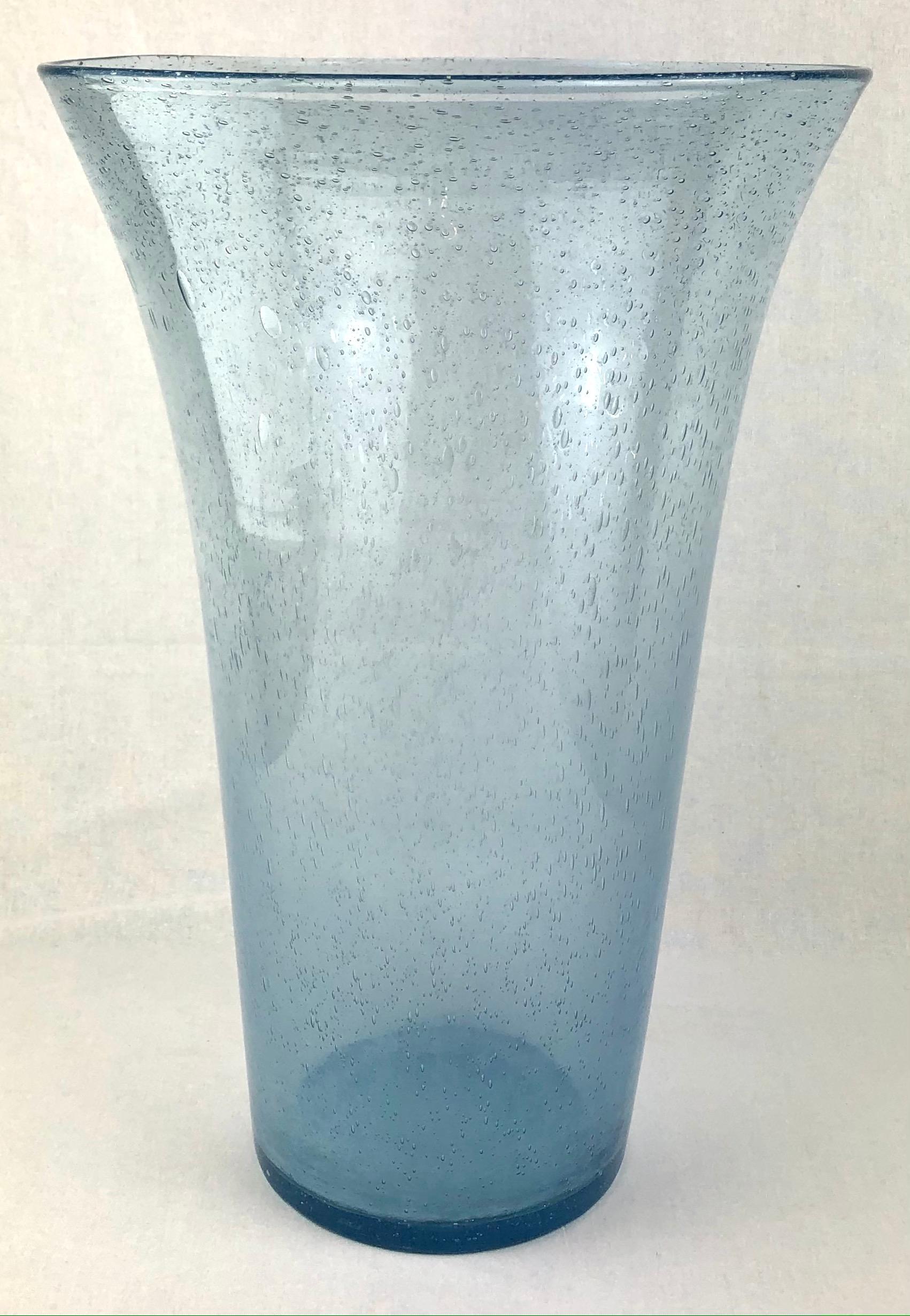 Hand-Crafted Large Translucent Blue Murano Art Glass Vase with Bubble Inclusions
