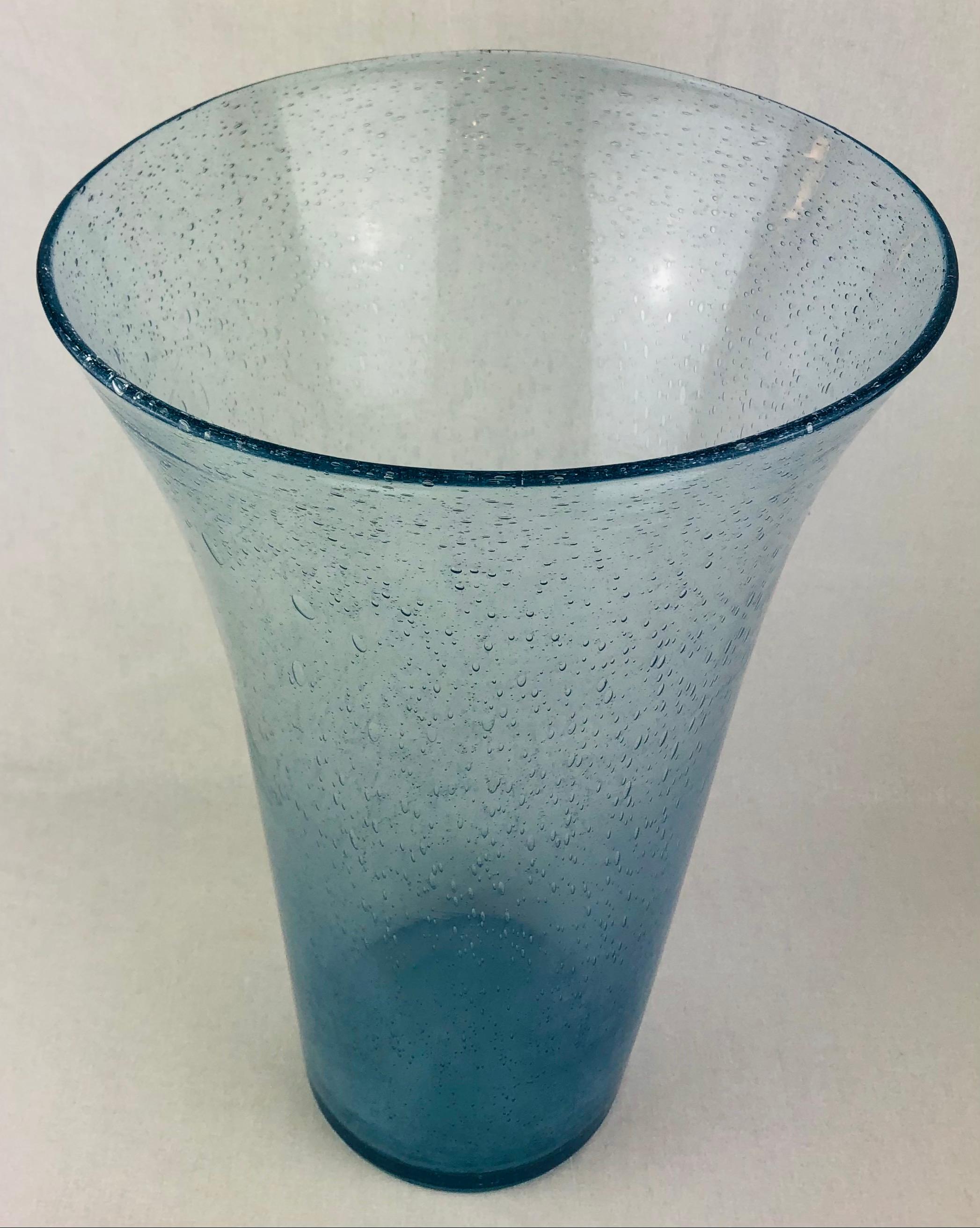 Large Translucent Blue Murano Art Glass Vase with Bubble Inclusions In Good Condition In Miami, FL