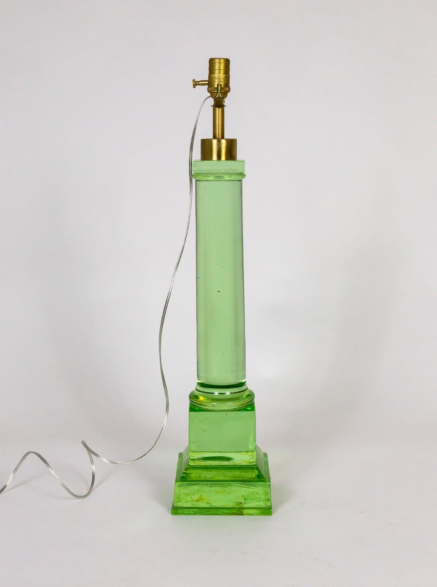 Large Transparent Green Glass Pillar Lamp In Good Condition In San Francisco, CA