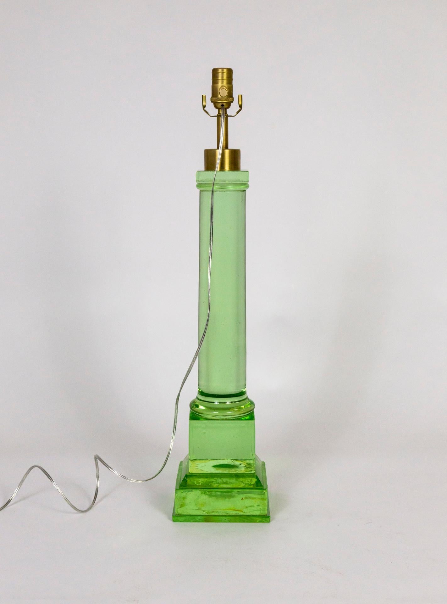 20th Century Large Transparent Green Glass Pillar Lamp