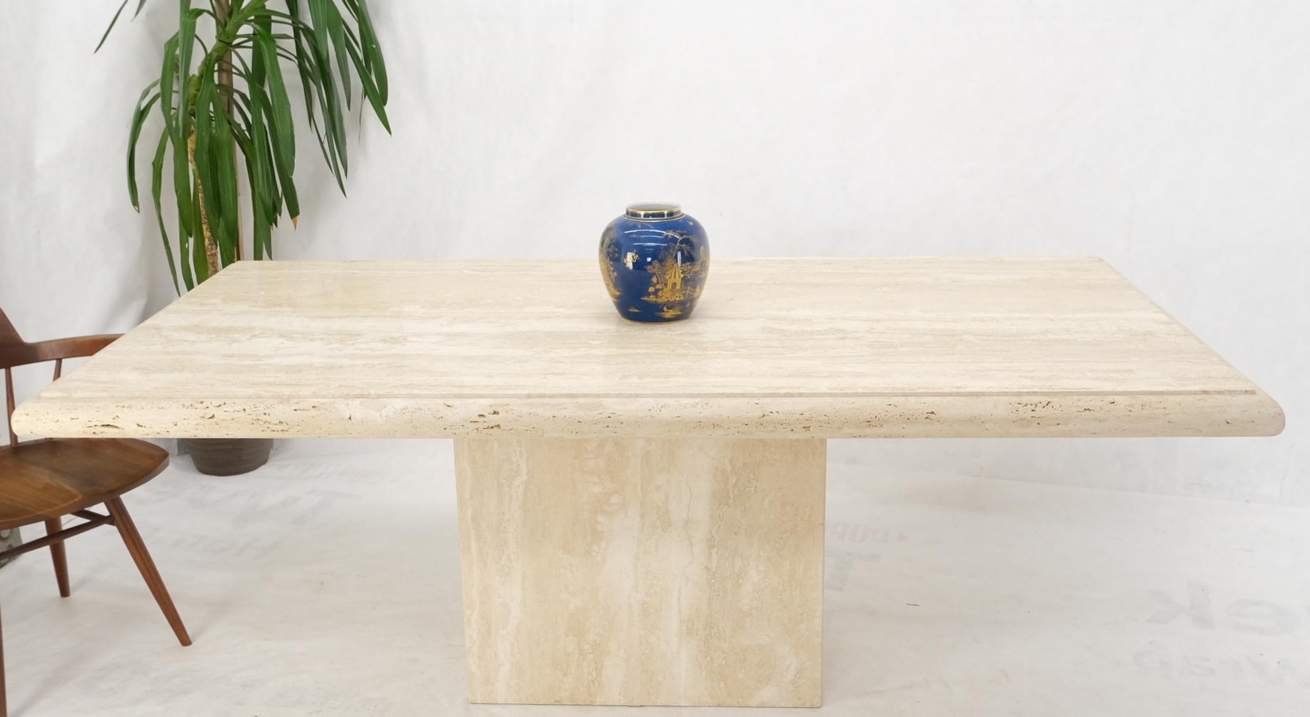 Mid-Century Modern Large Travertine Beveled Edge Single Pedestal Rectangle Dining Conference Table