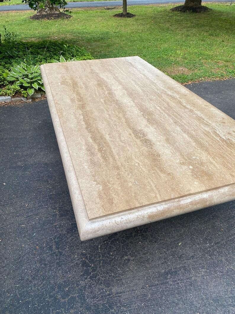 Mid-Century Modern Large Travertine Beveled Edge Single Pedestal Rectangle Dining Conference Table For Sale