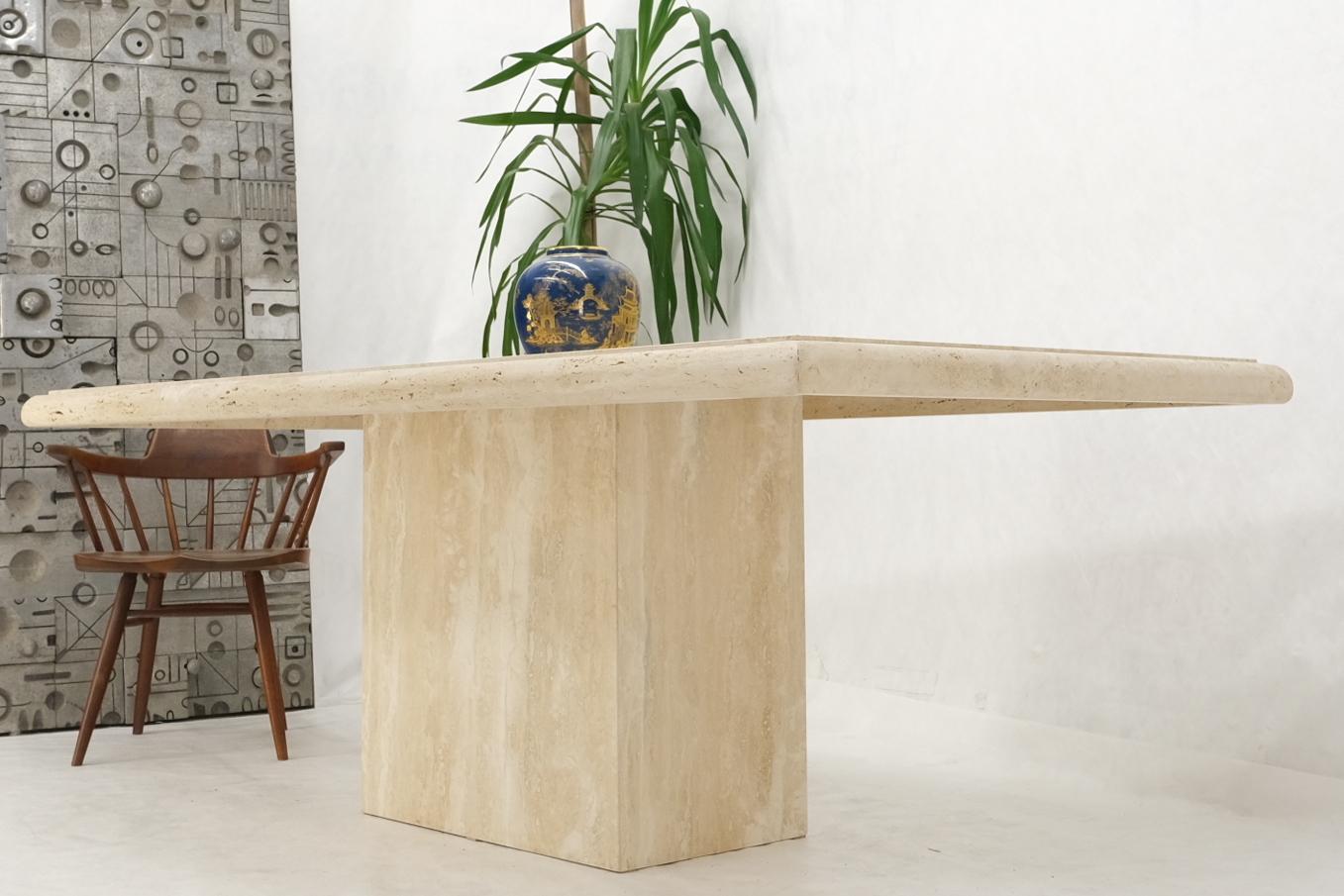 Italian Large Travertine Beveled Edge Single Pedestal Rectangle Dining Conference Table