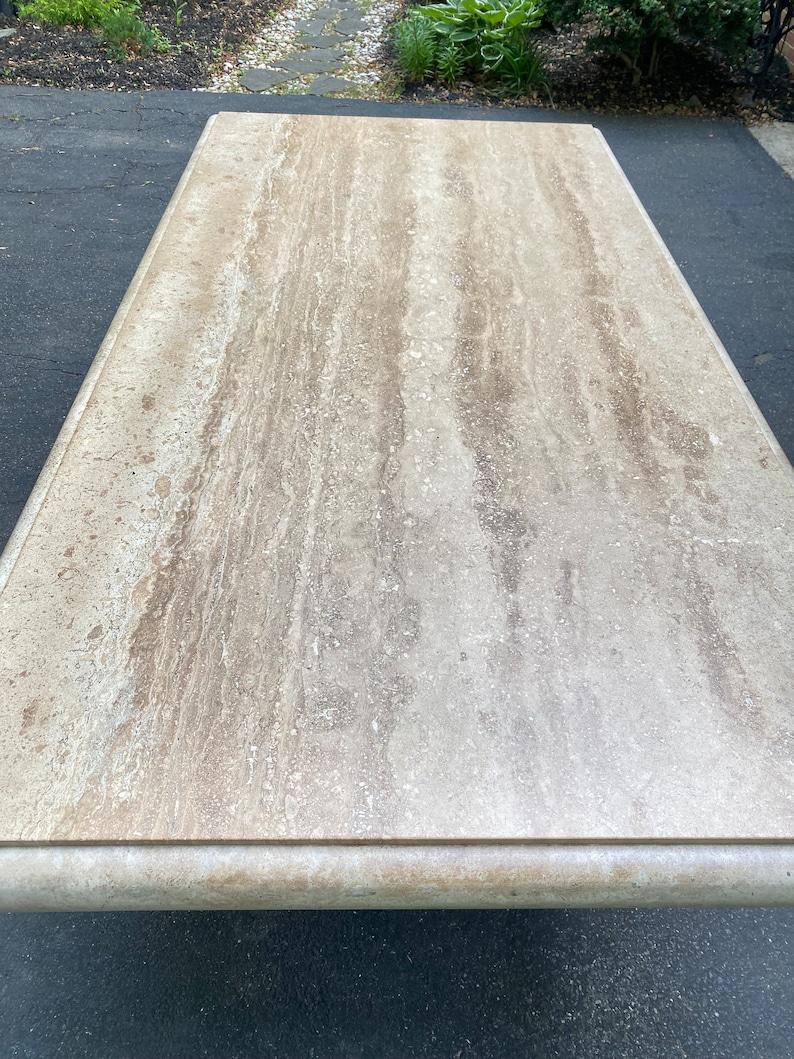 Large Travertine Beveled Edge Single Pedestal Rectangle Dining Conference Table In Good Condition For Sale In Elkton, MD