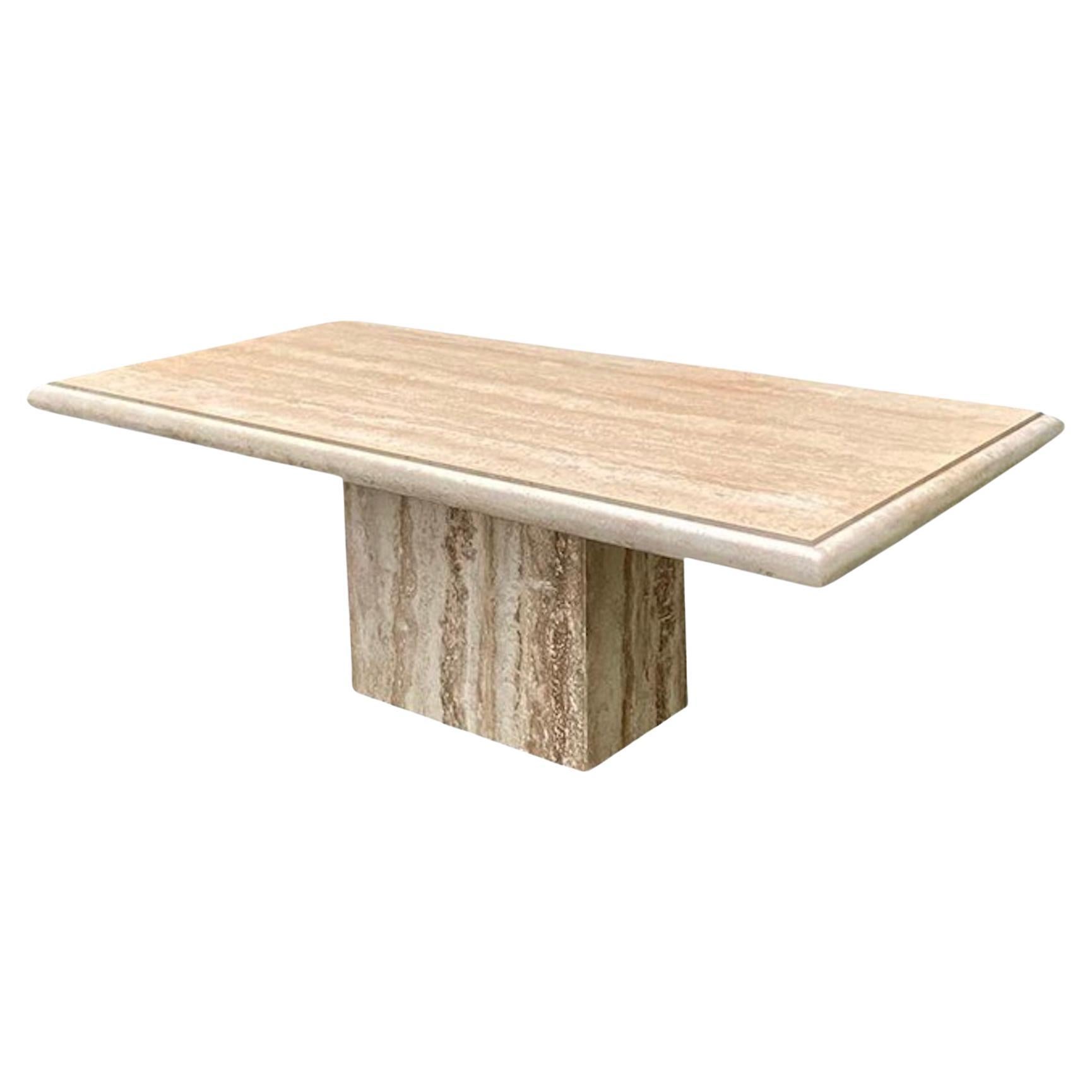 Large Travertine Beveled Edge Single Pedestal Rectangle Dining Conference Table For Sale