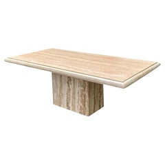 Large Travertine Beveled Edge Single Pedestal Rectangle Dining Conference Table