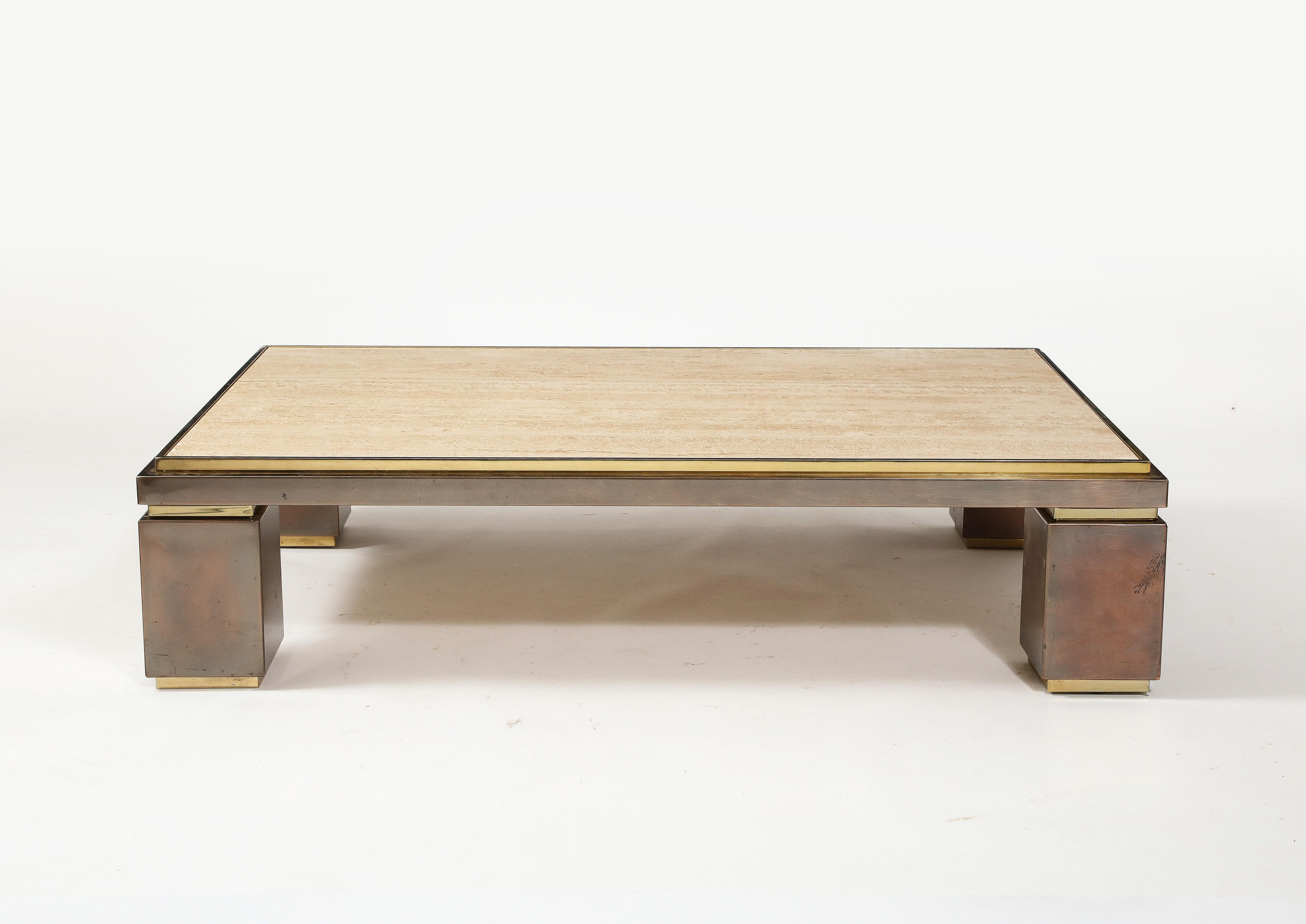Large Deco Style BelgoChrom Travertine & Brass Coffee Table, Belgium 1960's For Sale 4