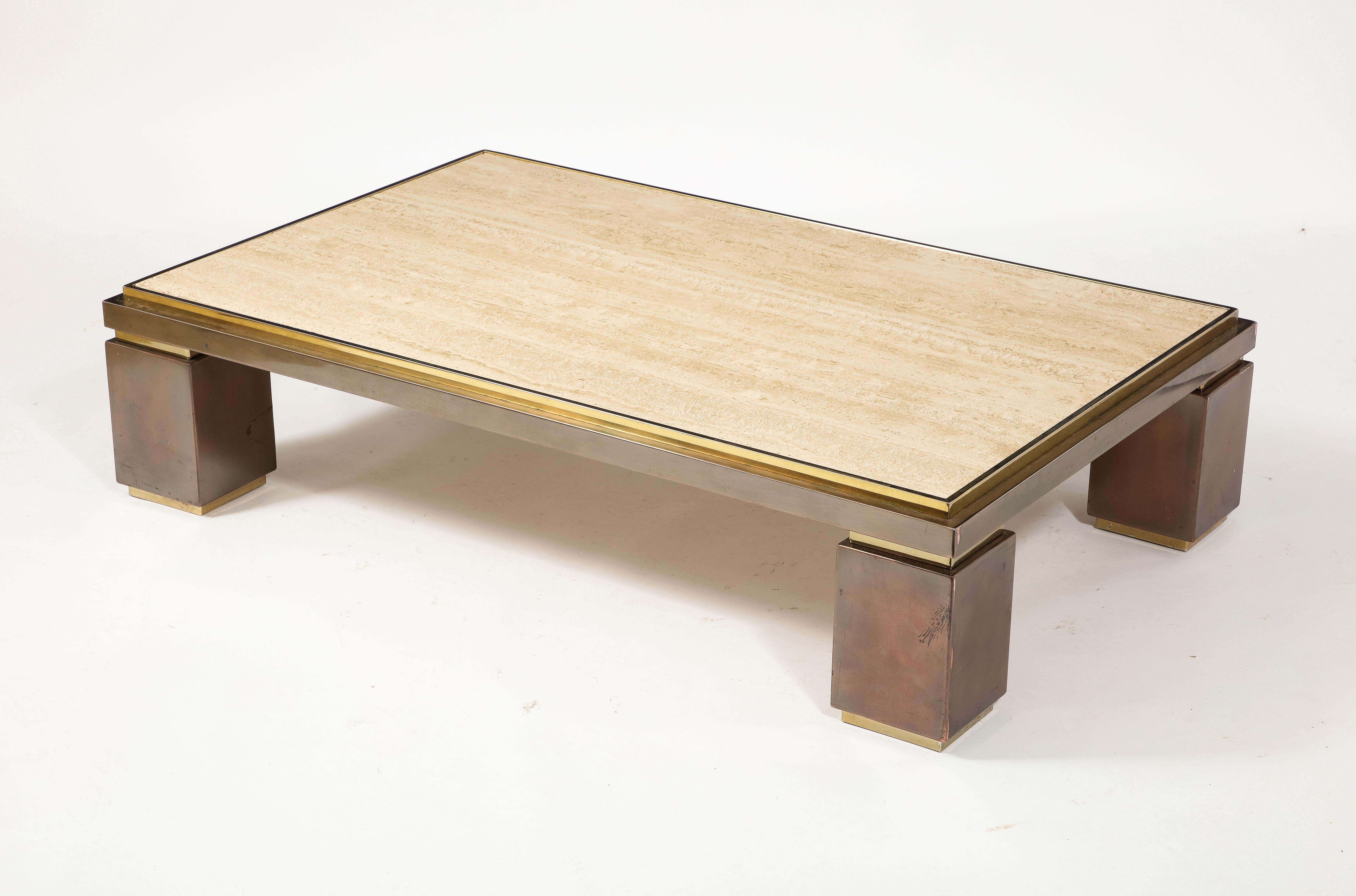Large Deco Style BelgoChrom Travertine & Brass Coffee Table, Belgium 1960's For Sale 7