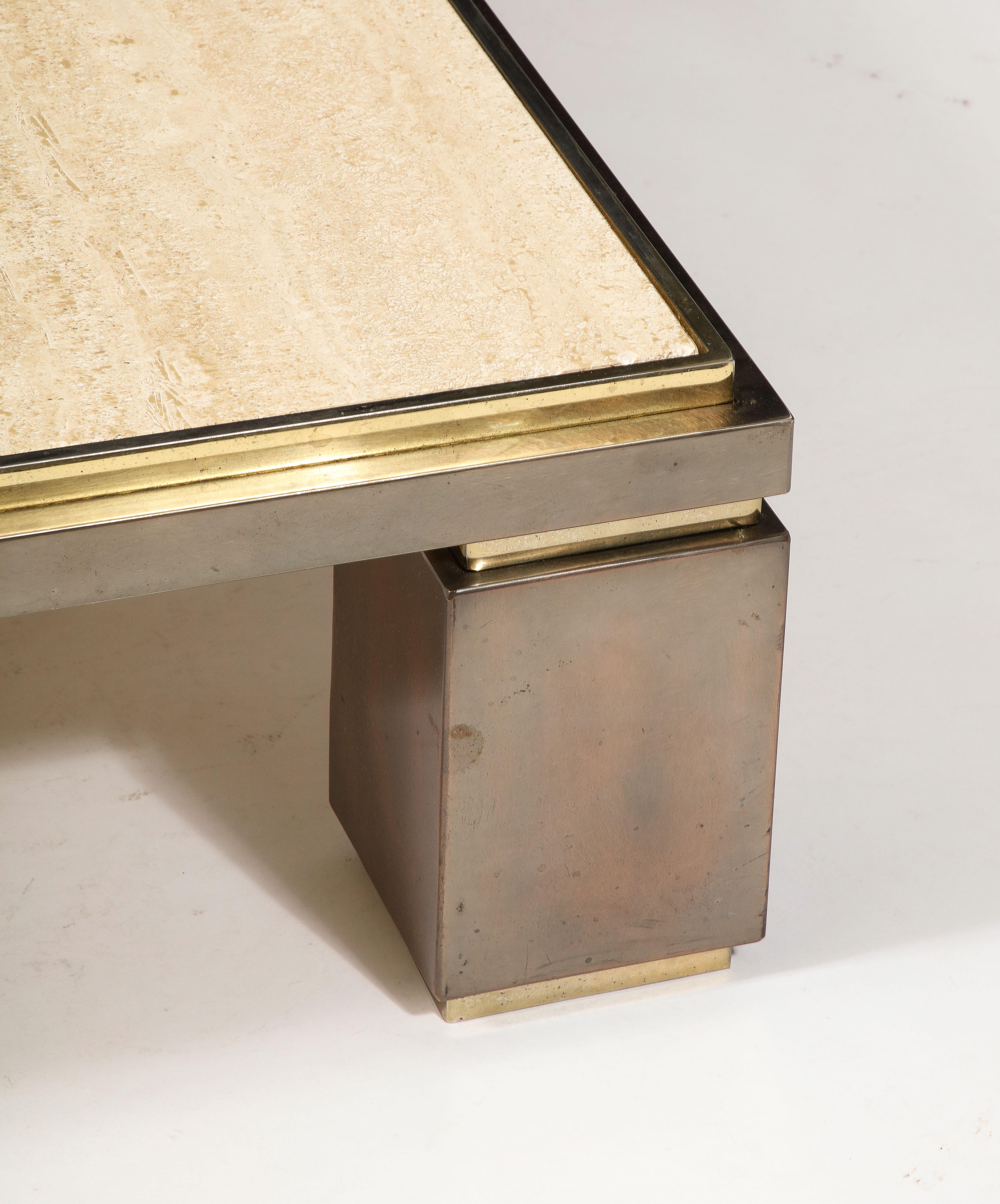 Large Deco Style BelgoChrom Travertine & Brass Coffee Table, Belgium 1960's 9