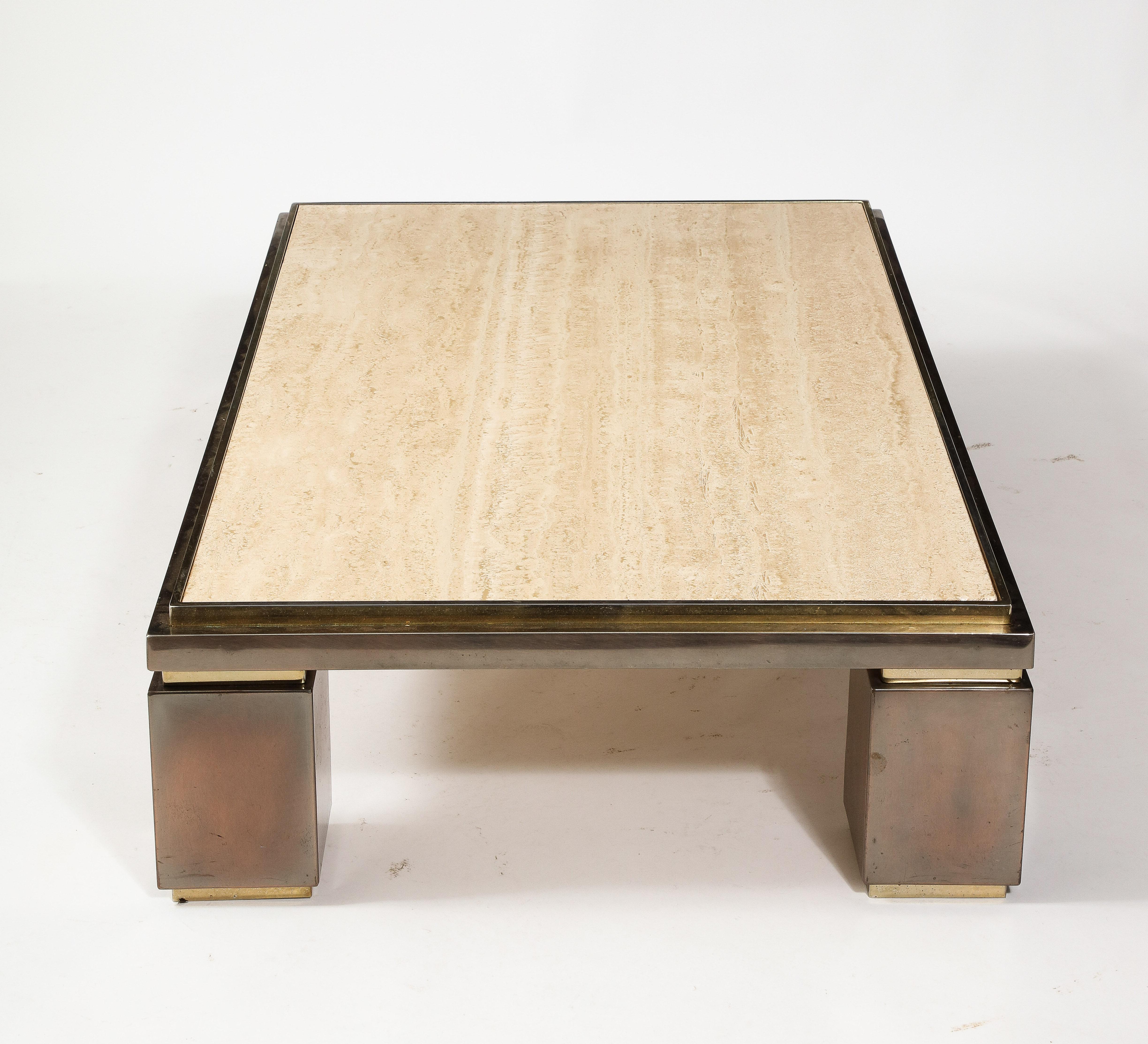 Large Deco Style BelgoChrom Travertine & Brass Coffee Table, Belgium 1960's For Sale 10
