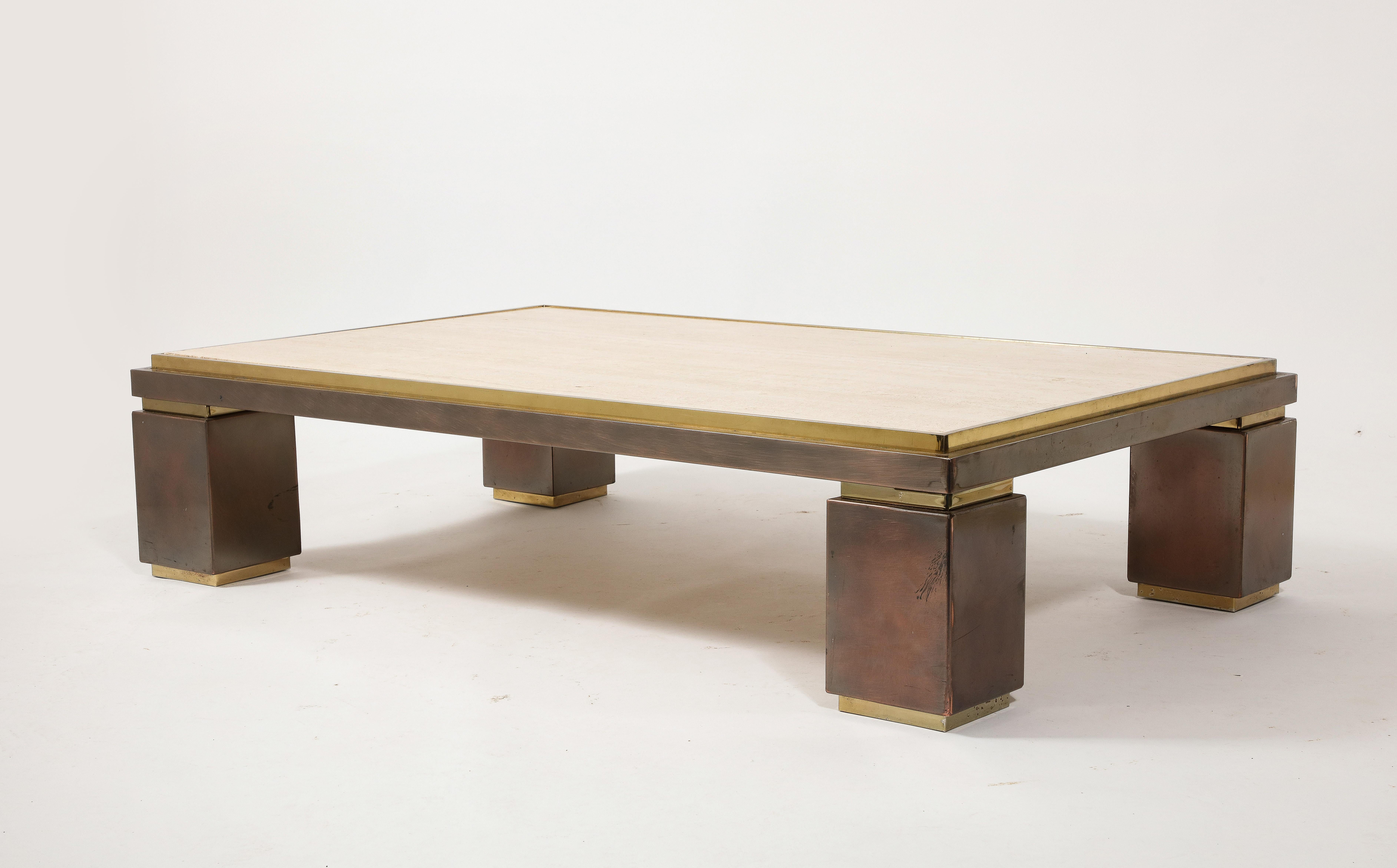 Large Deco Style BelgoChrom Travertine & Brass Coffee Table, Belgium 1960's For Sale 13