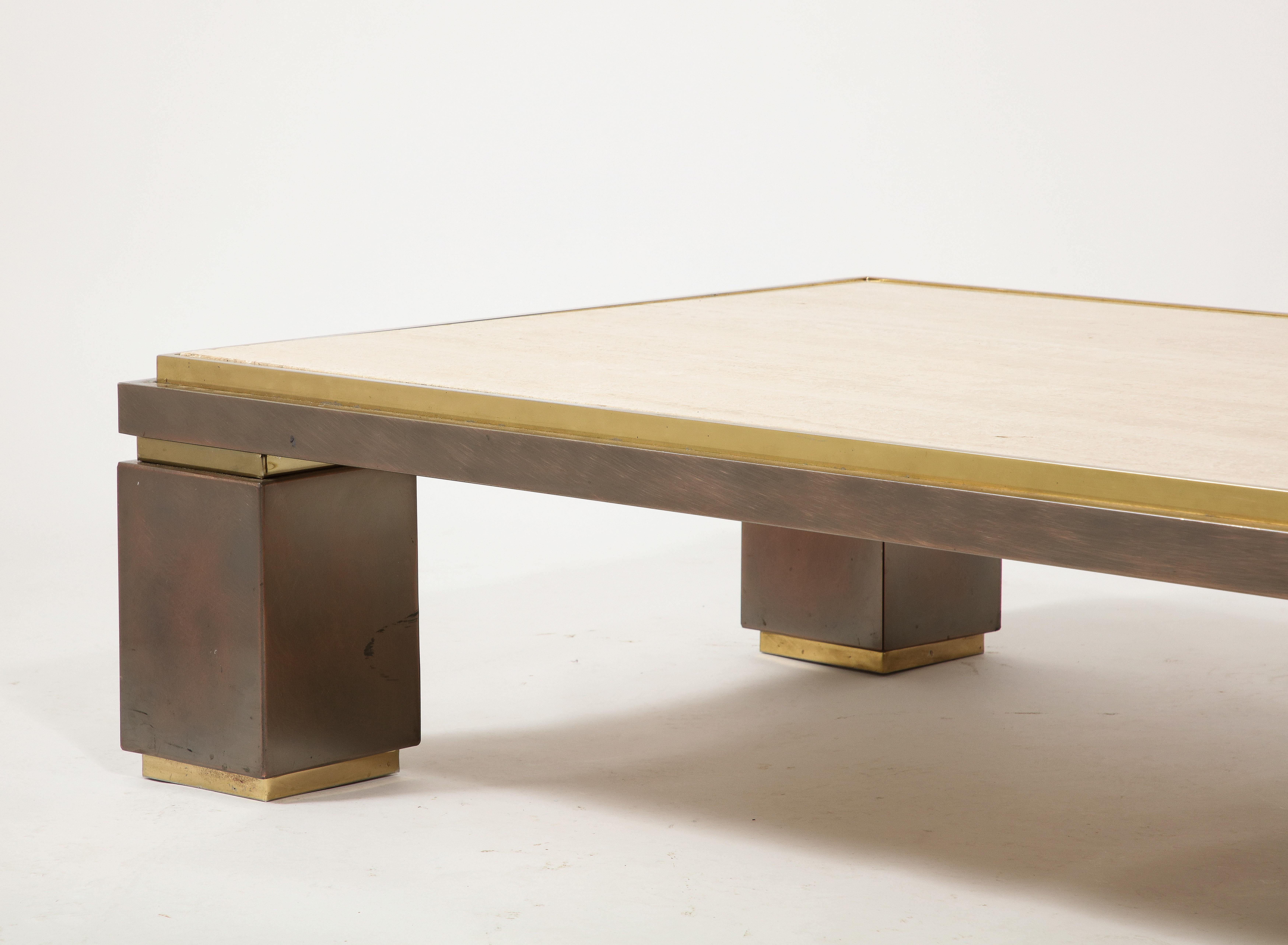 Large Deco Style BelgoChrom Travertine & Brass Coffee Table, Belgium 1960's For Sale 14
