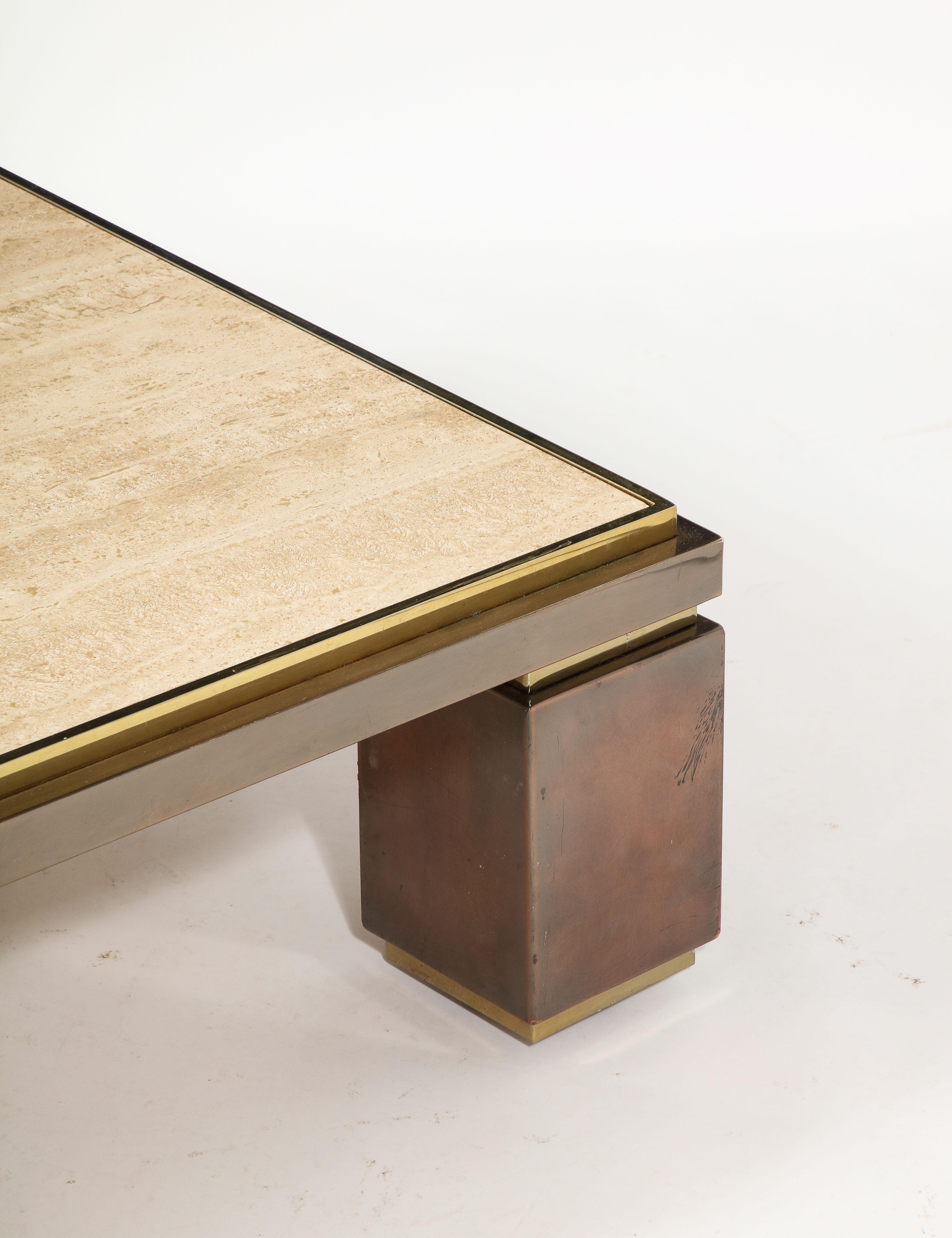Large Deco Style BelgoChrom Travertine & Brass Coffee Table, Belgium 1960's In Good Condition For Sale In New York, NY