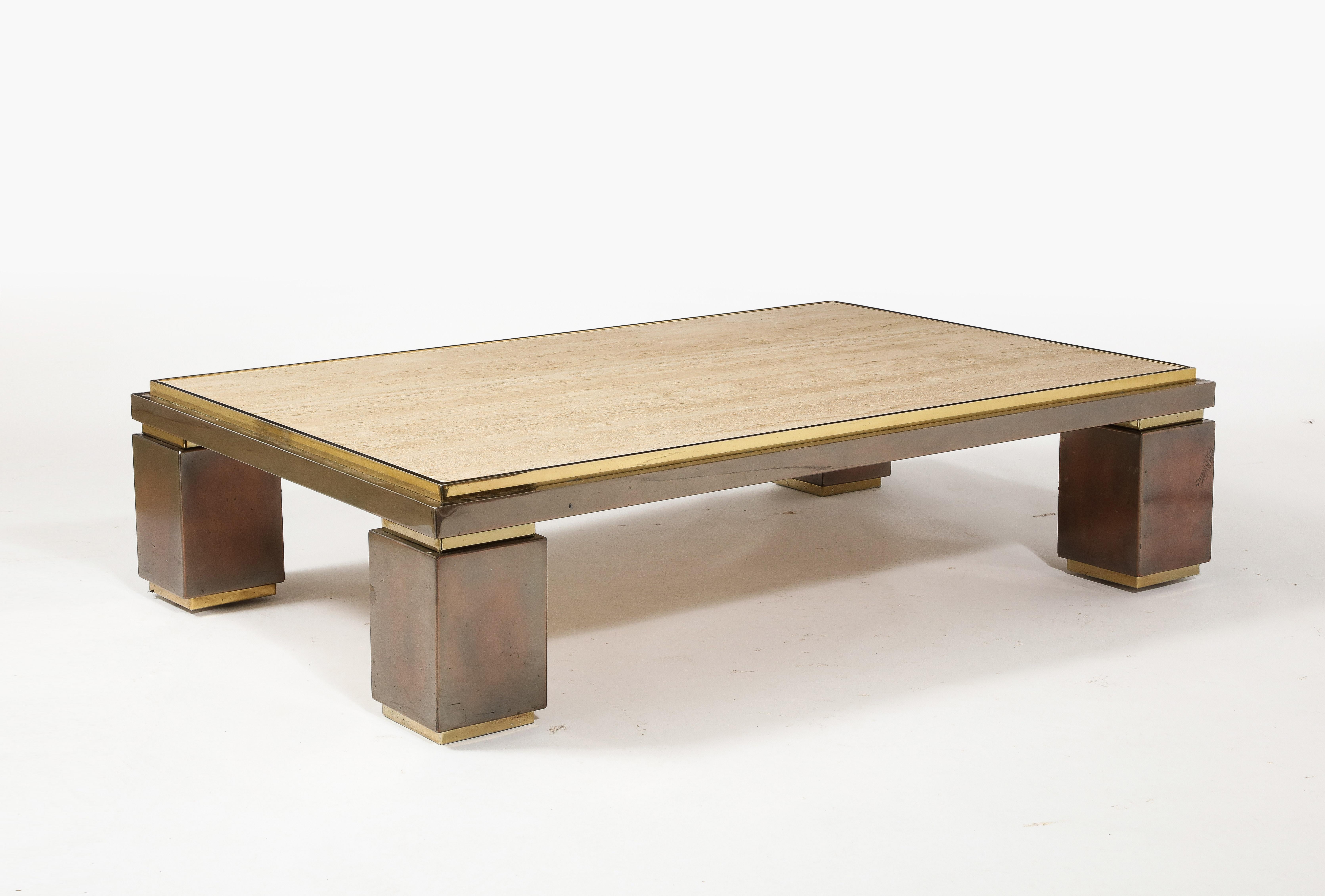 Large Deco Style BelgoChrom Travertine & Brass Coffee Table, Belgium 1960's For Sale 1
