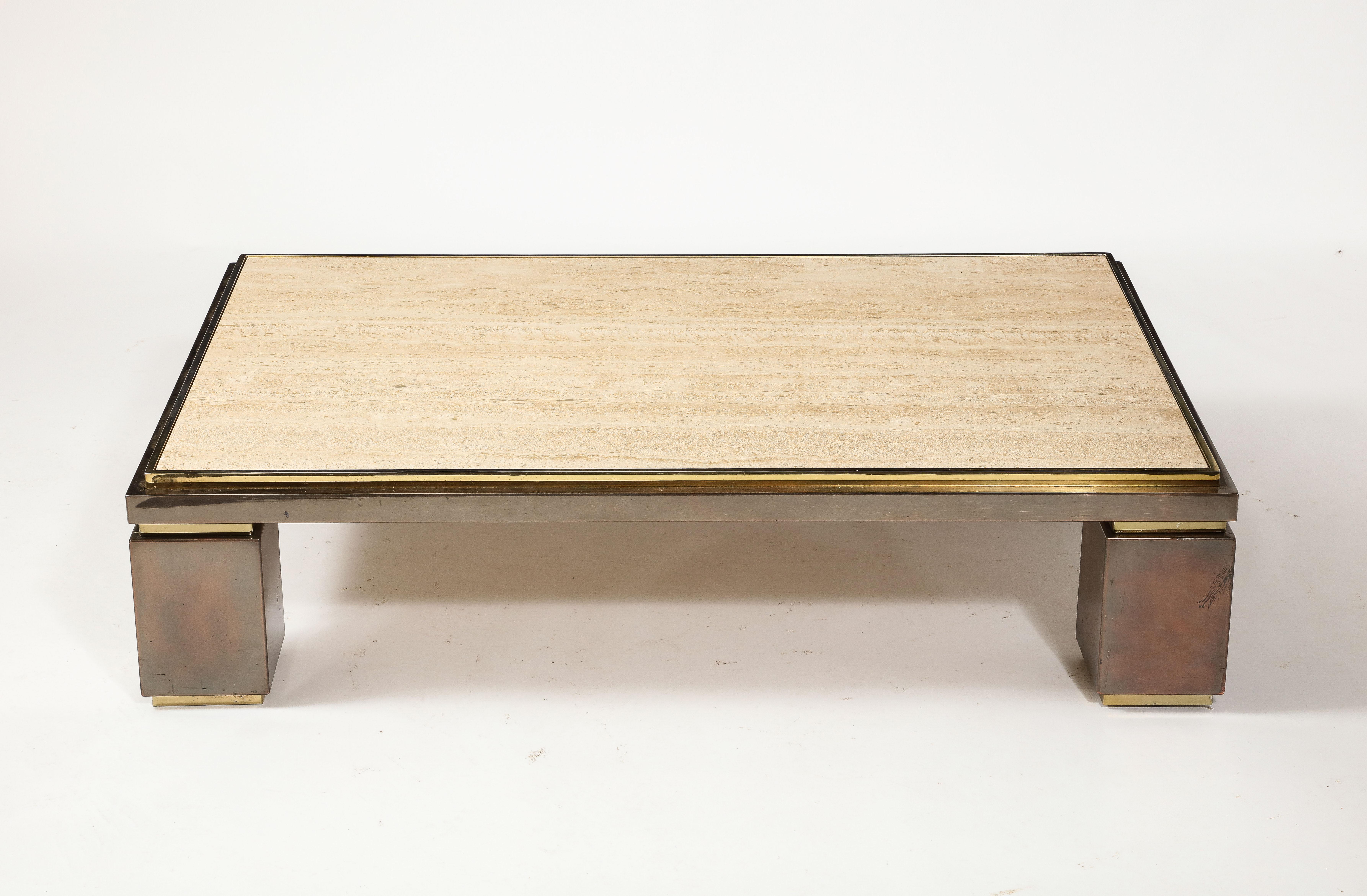Large Deco Style BelgoChrom Travertine & Brass Coffee Table, Belgium 1960's For Sale 2
