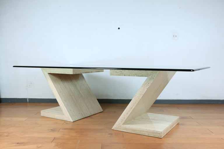 Large Travertine Dining Table with Glass Top For Sale at 1stDibs