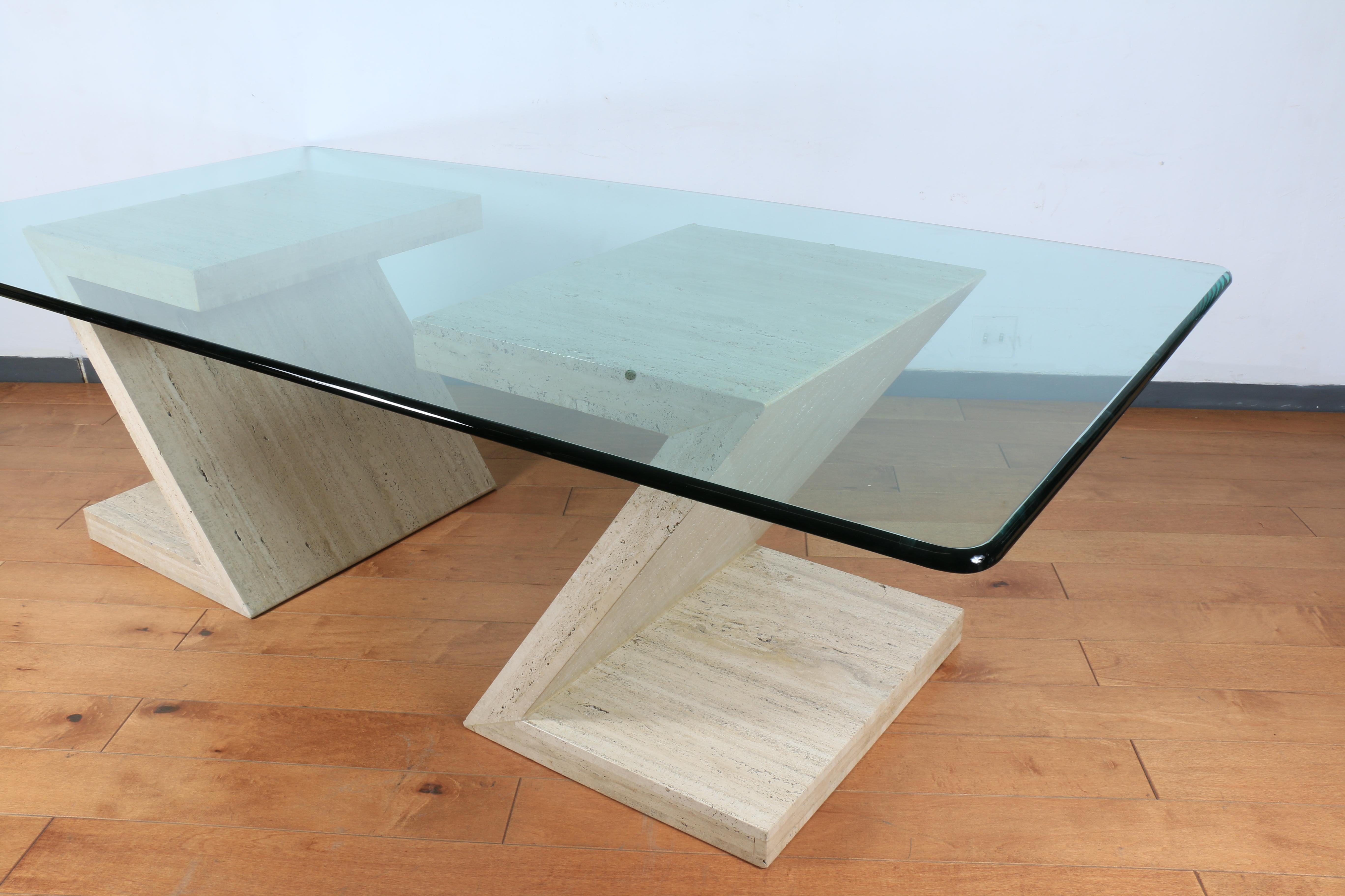 Mid-Century Modern Large Travertine Dining Table with Glass Top For Sale