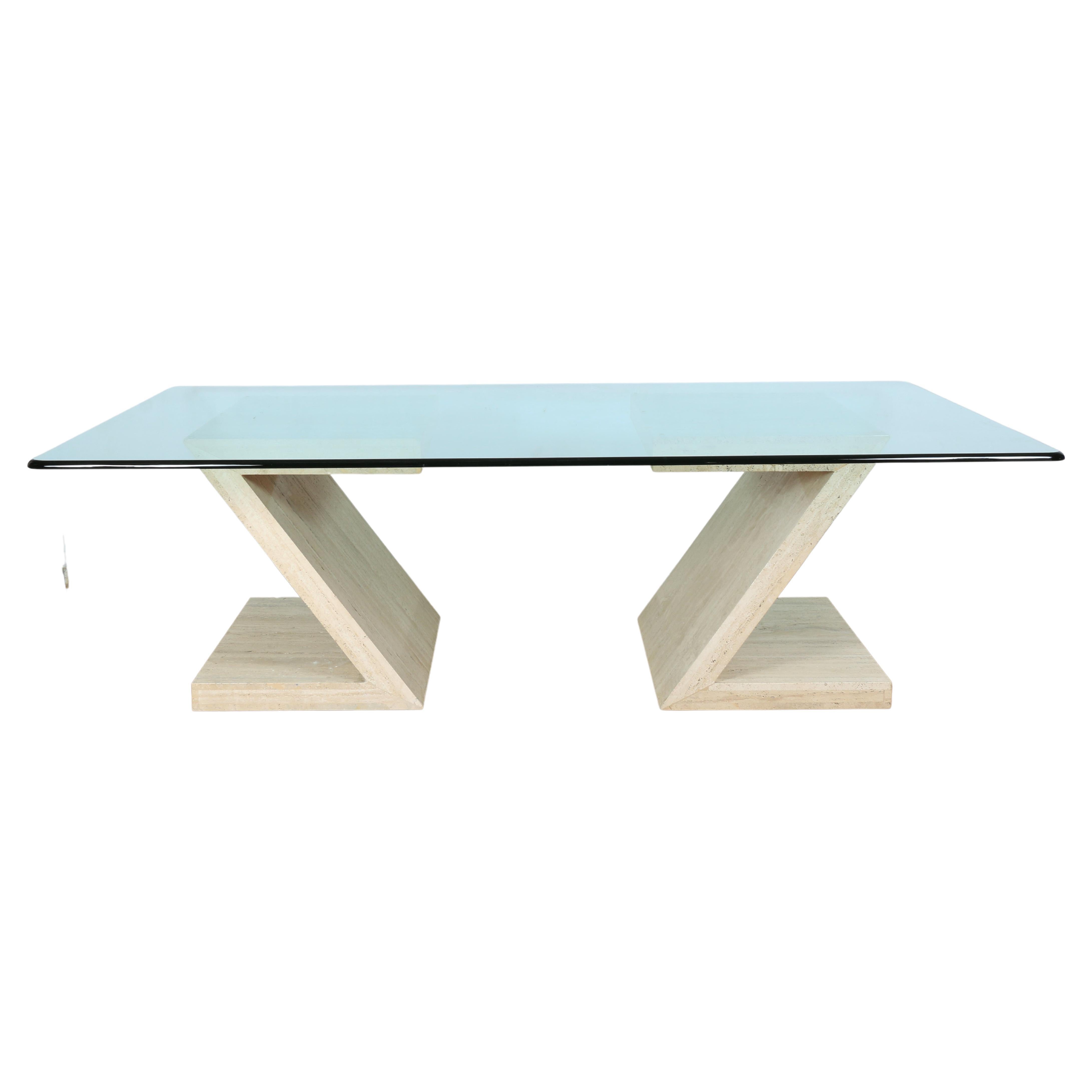 Large Travertine Dining Table with Glass Top For Sale