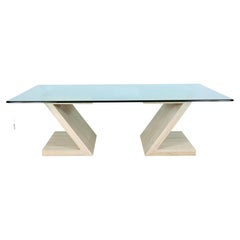 Grande table à manger en travertin avec plateau en verre