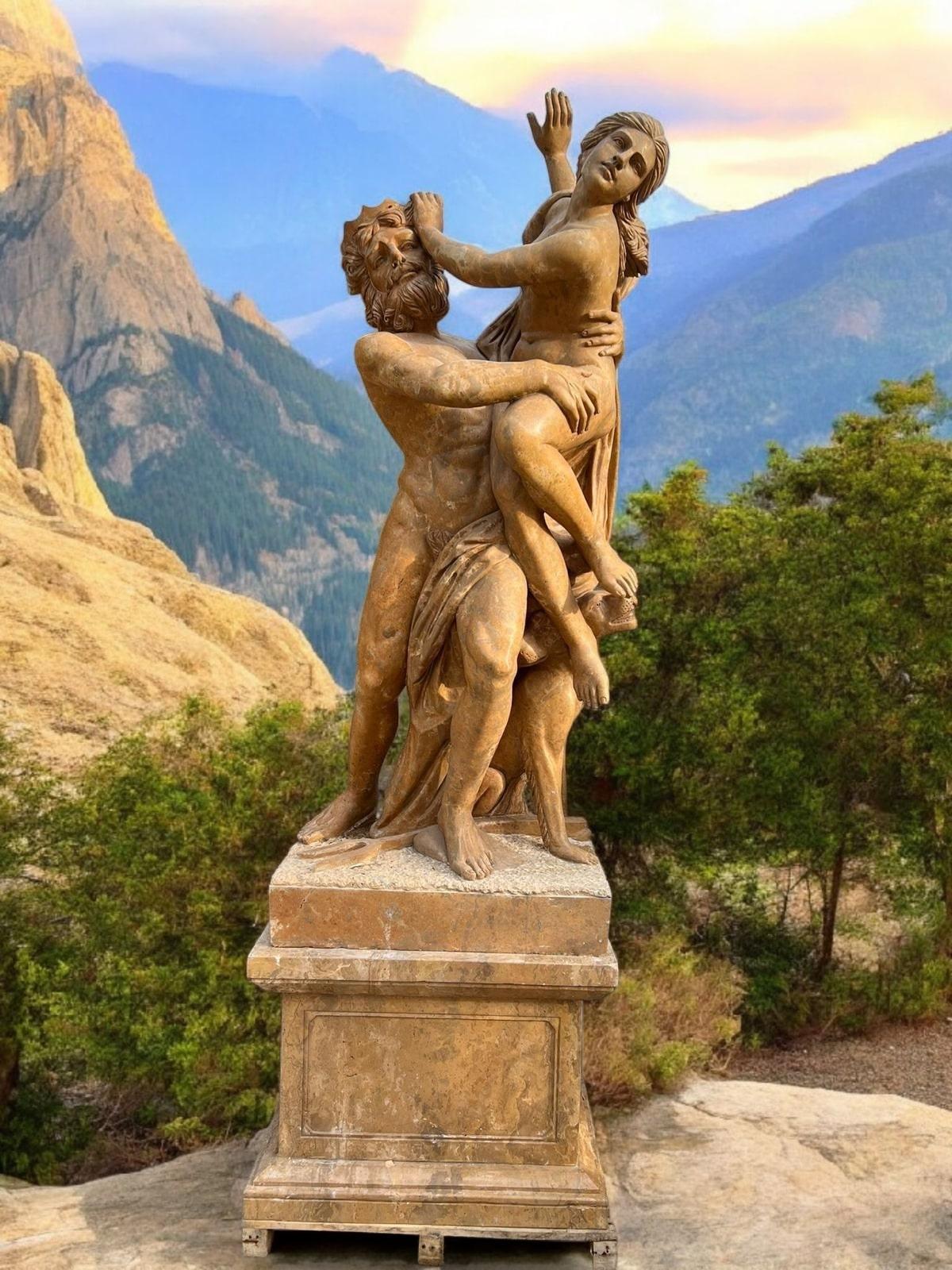 Auffällige Großskulptur aus Travertinmarmor, die die Vergewaltigung der Proserpina darstellt - eine dramatische mythologische Szene, in der Pluto die Proserpina in die Unterwelt entführt. Diese kraftvolle Komposition fängt die dynamische Bewegung