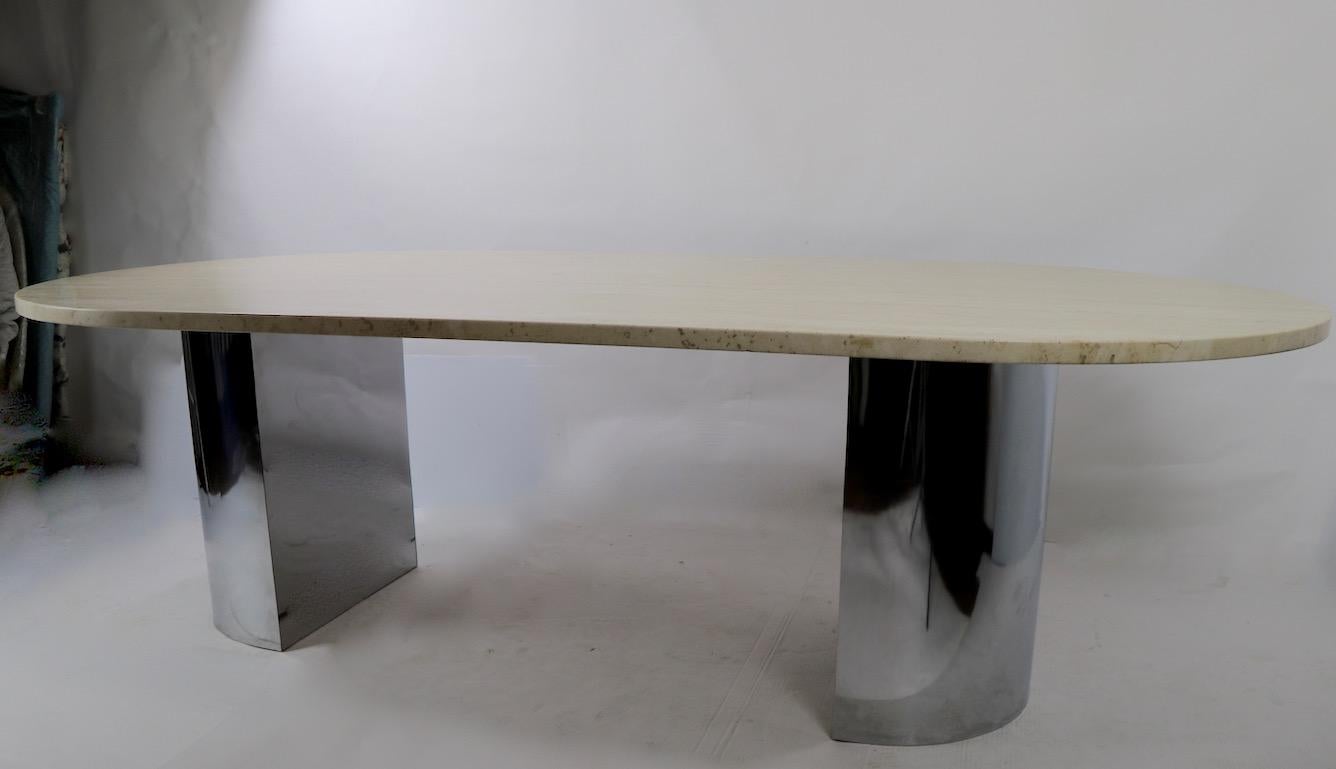 Post-Modern Large Travertine Marble Top Dining Conference Table with Chrome Base