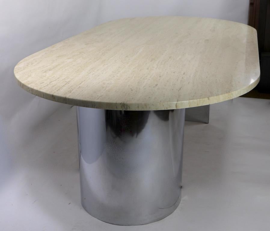 Italian Large Travertine Marble Top Dining Conference Table with Chrome Base