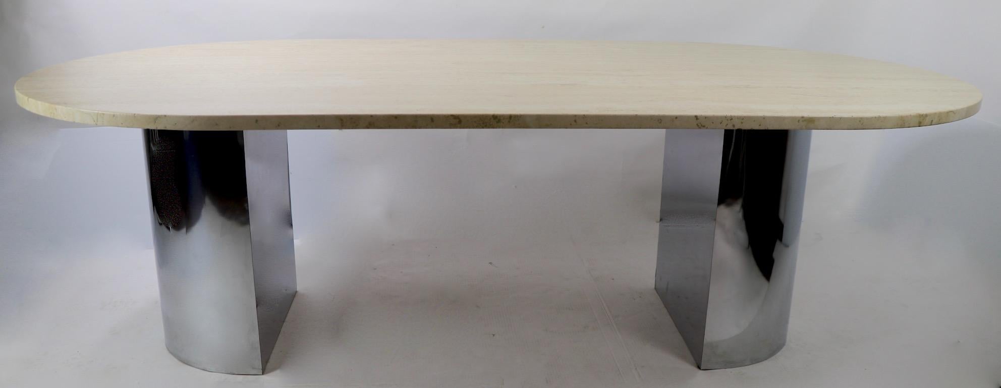 Large Travertine Marble Top Dining Conference Table with Chrome Base In Good Condition In New York, NY